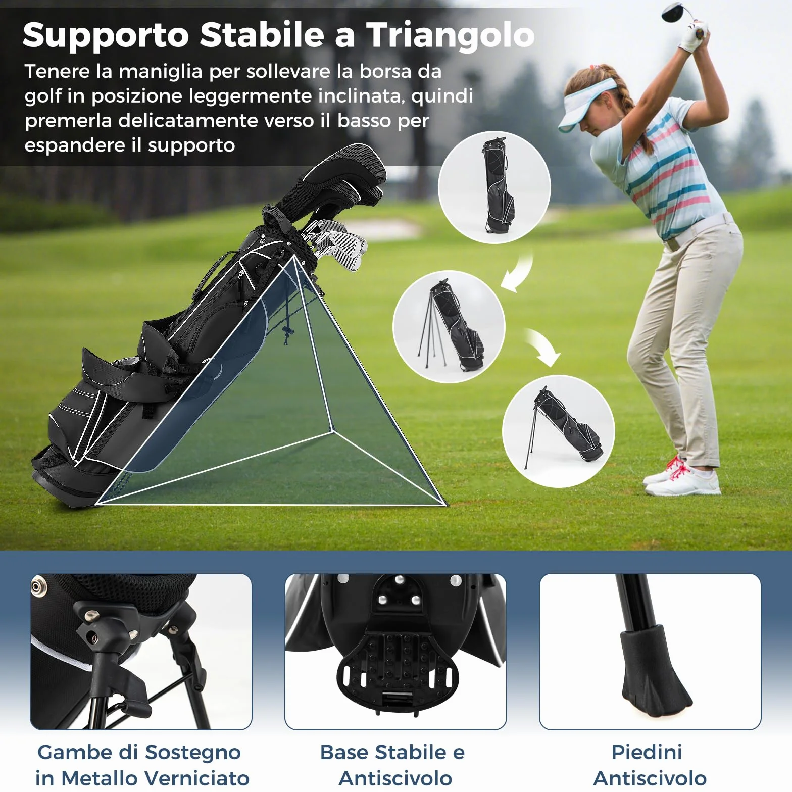 COSTWAY Sacca da Golf con Supporto, Borsa da Golf a 4 Scomparti con 4 Tasche con Cerniera, Borsa Frigo, Tracolla Doppia, Cappuccio Antipioggia, Supporto per Ombrellone
