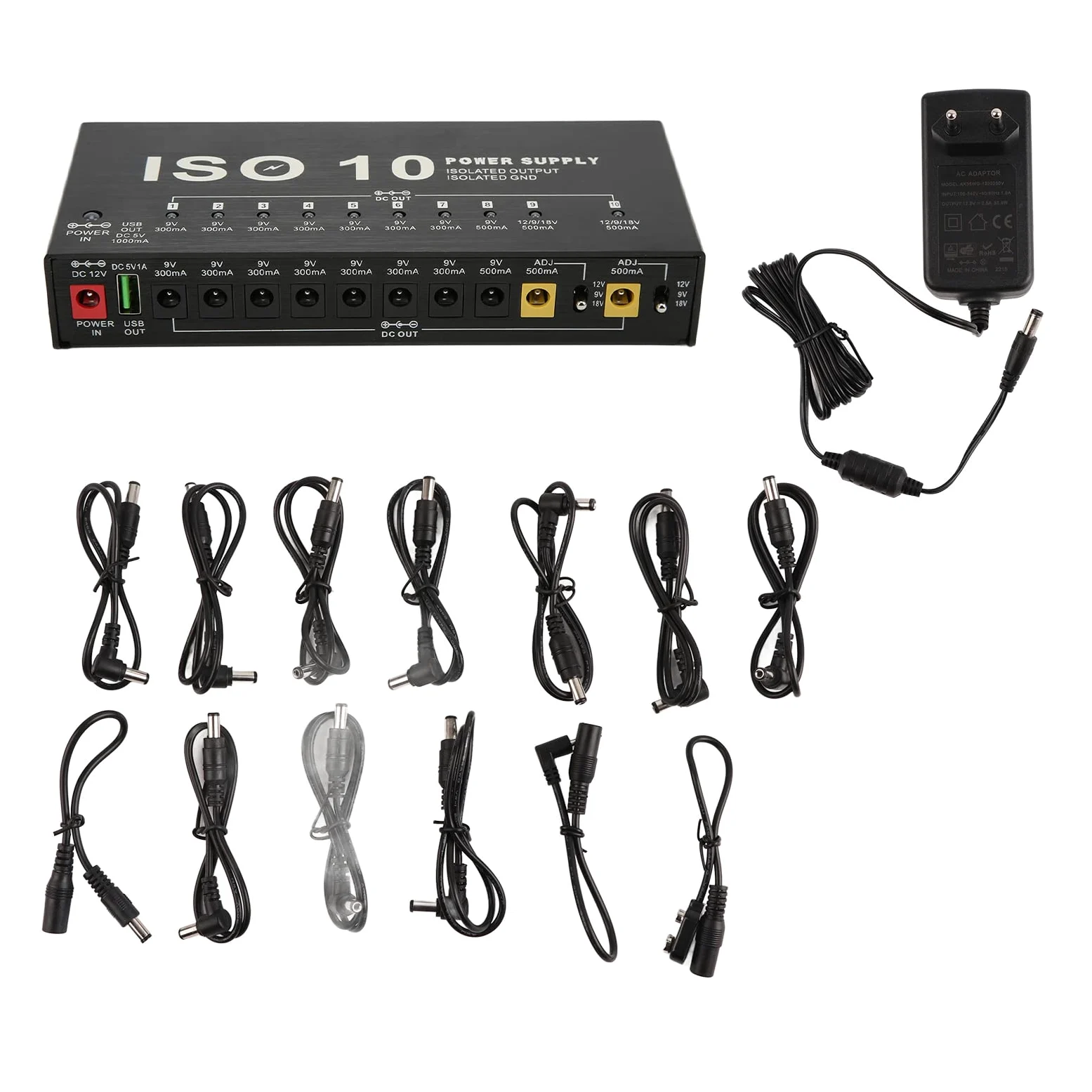 Alimentatore per pedale di chitarra, 10 uscite isolate, alimentatore per pedaliera d'effetto piccolo con 2 tensioni regolabili per pedali d'effetto da 9V 12V 18V (Spina europea)