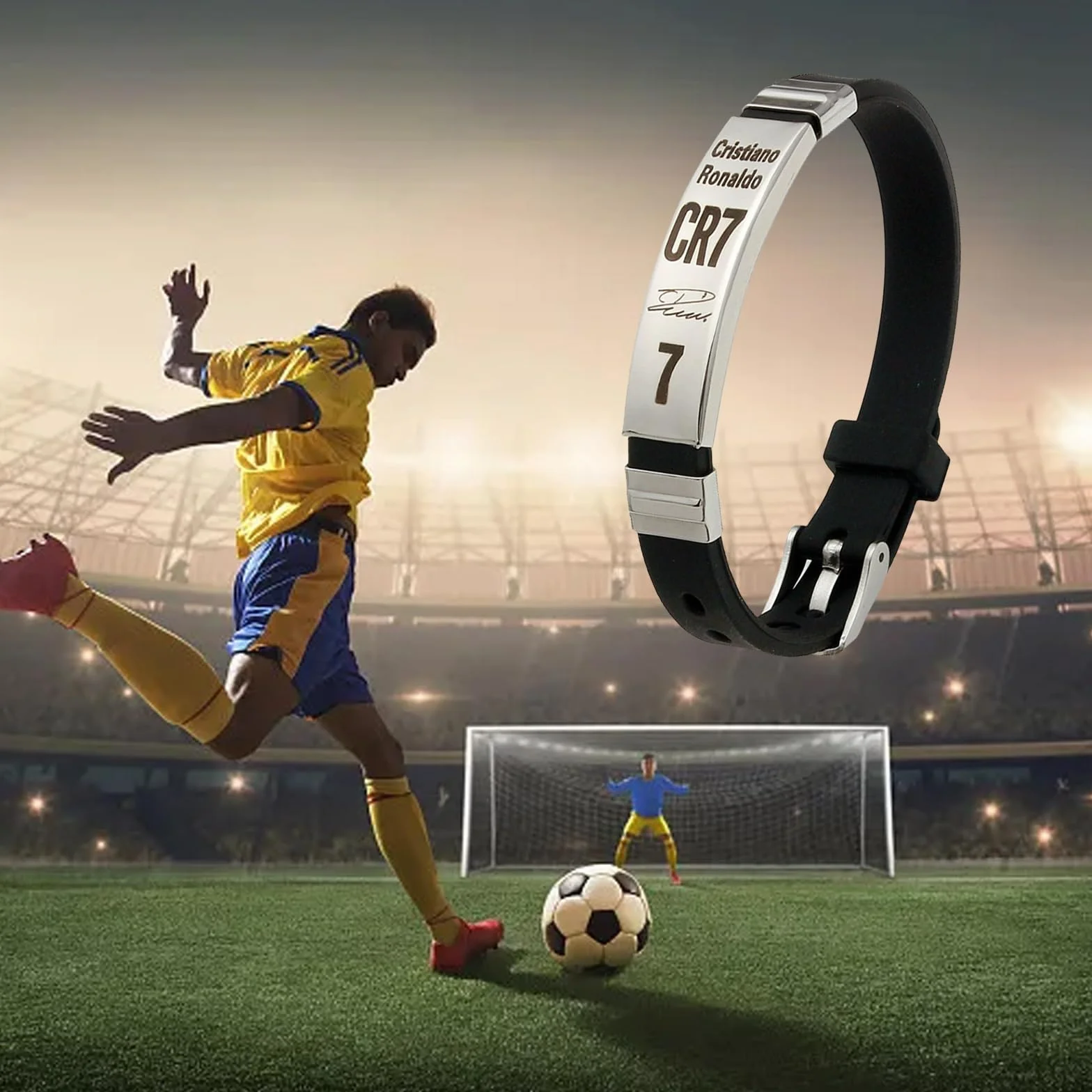 Braccialetto con ciondolo a forma di stella del calcio CR7, regolabile, acciaio inox e silicone