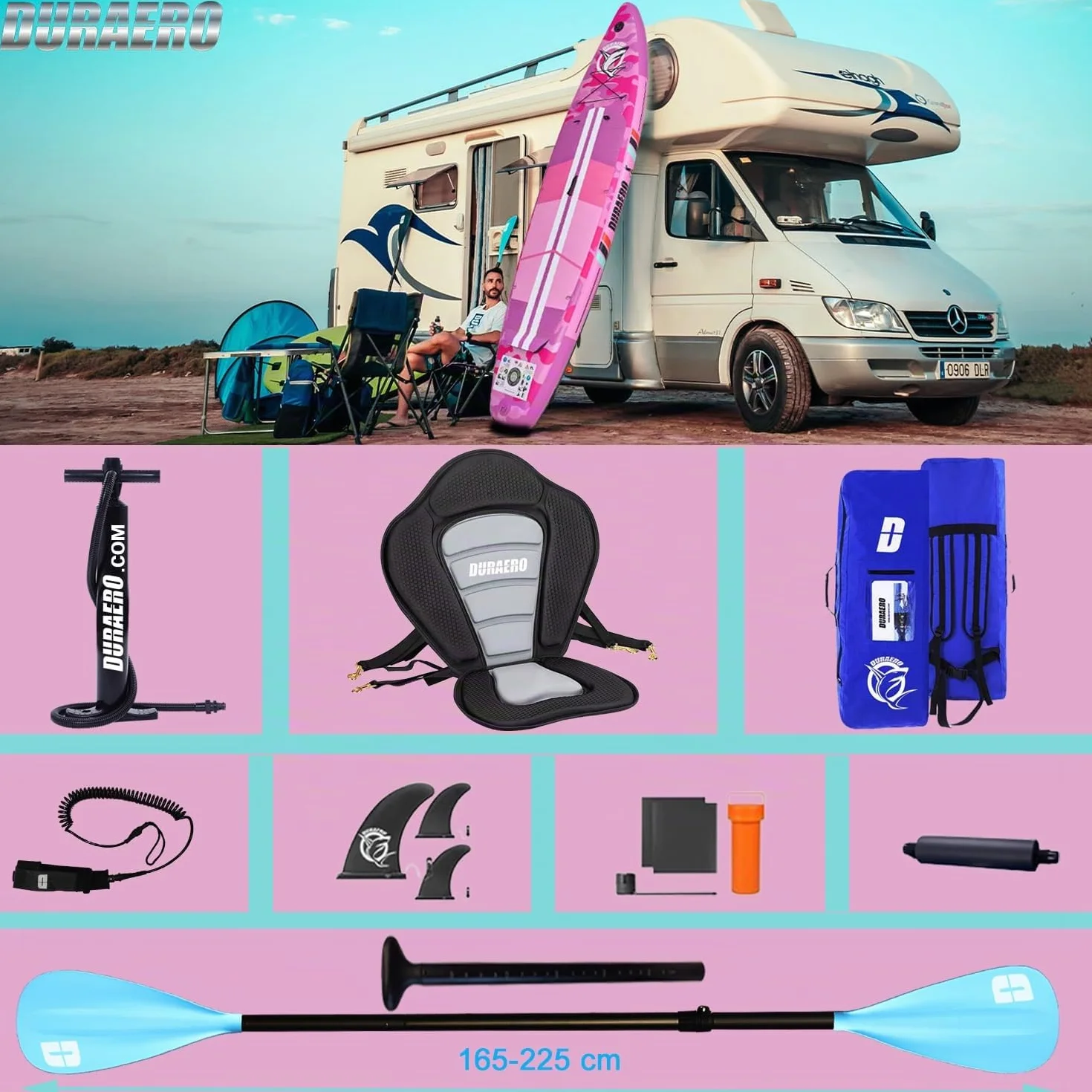 Tavola SUP gonfiabile 330x76x15 cm 150 kg supporto cam pad 3 pinze doppia pagaia regolabile Pink