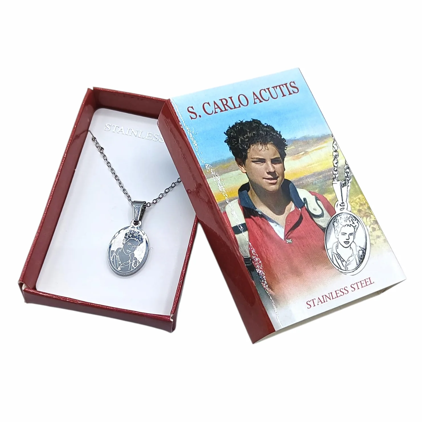 Medaglia di San Carlo Acutis in Acciaio con Catena 2x1,2 cm 45 cm Made in Italy