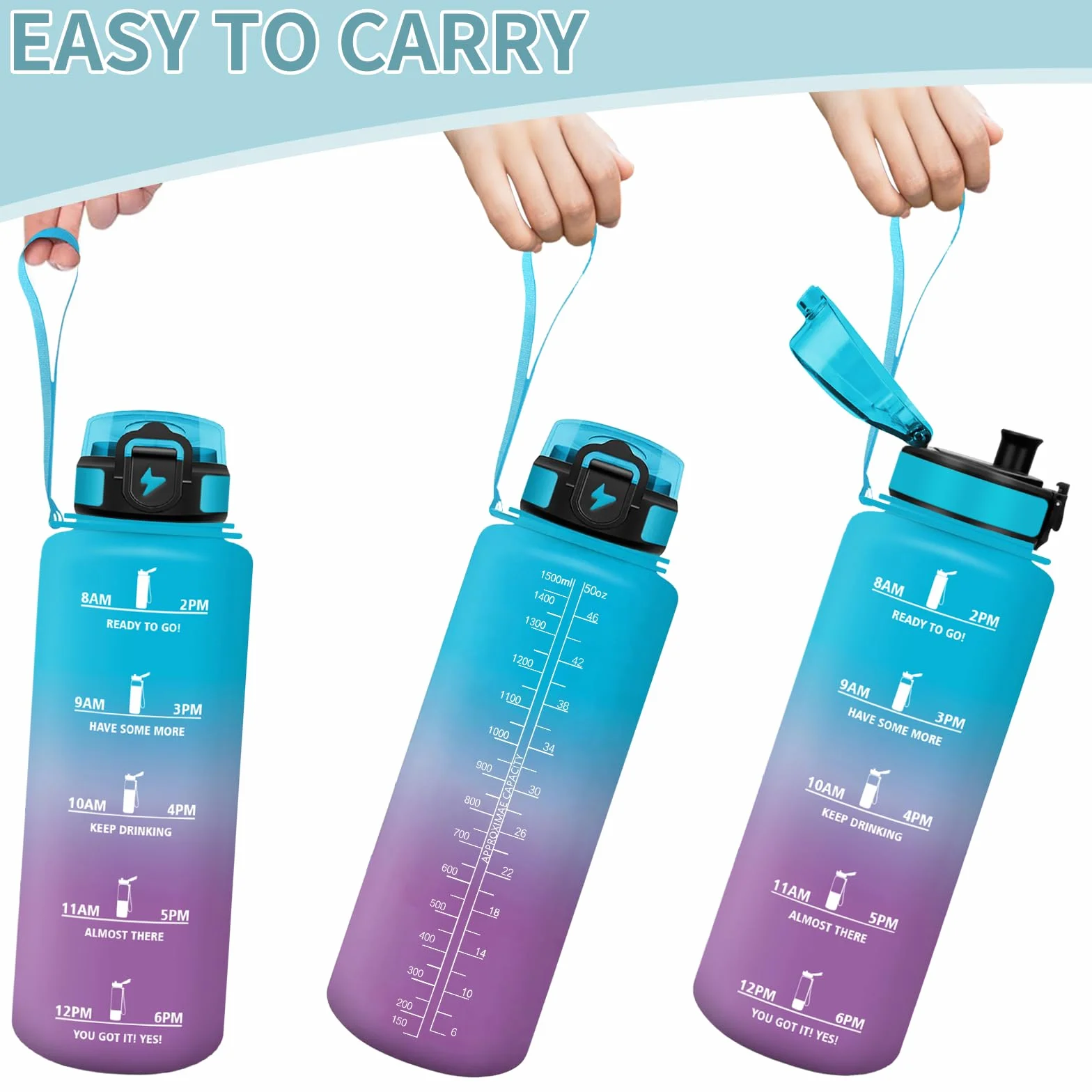 Motswedi Borraccia 1,5l Motivazionale a Prova di Perdite Bottiglia Palestra con Marca Temporale Blu&Viola