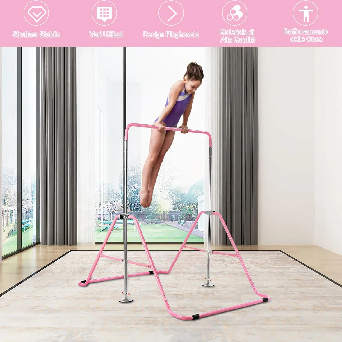 COSTWAY Sbarra Ginnastica Artistica Pieghevole, Altezza Regolabile 90-142 cm, Barra per Ginnastica per Bambini