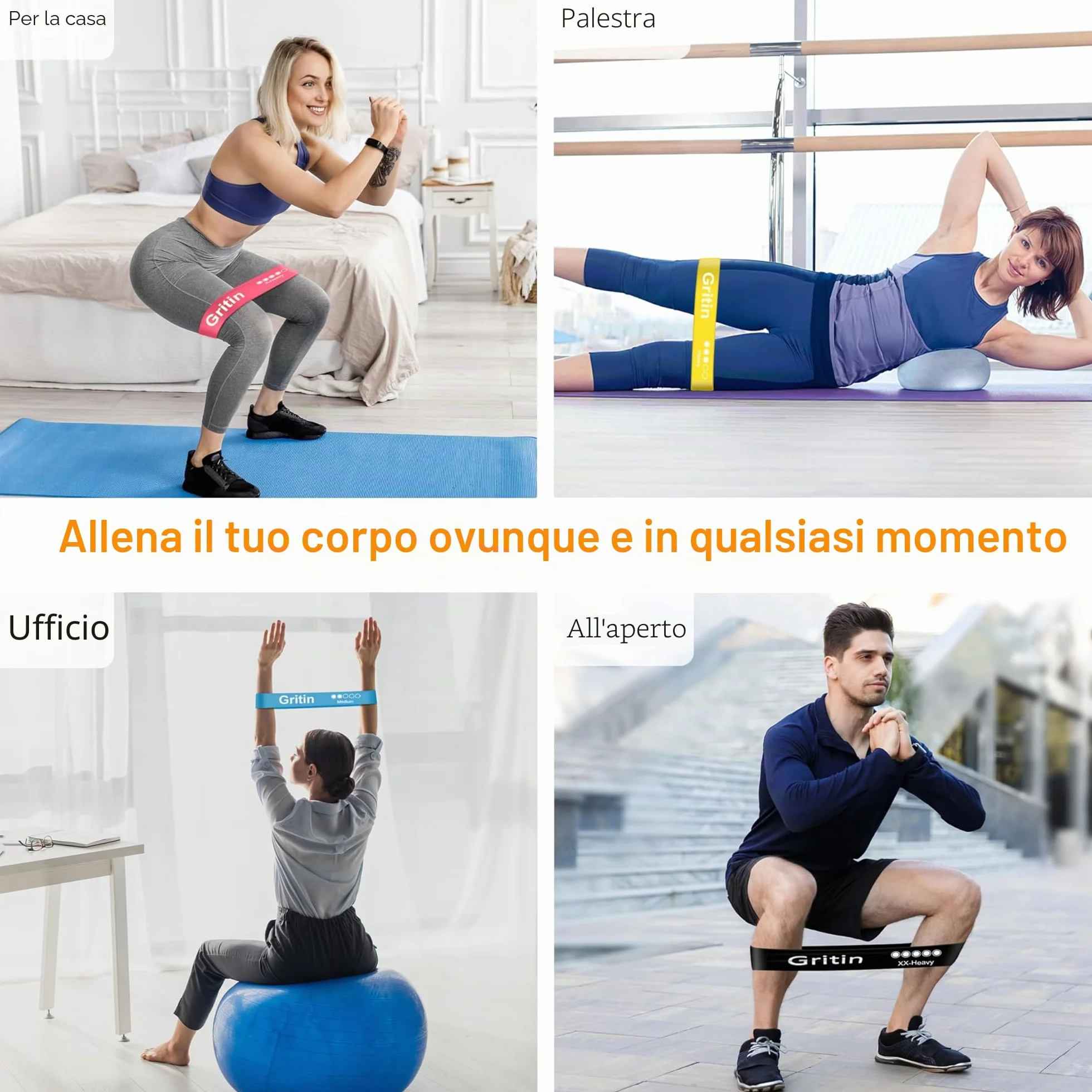 Gritin Elastici Fitness, Set di Fasce Bande Elastiche con 5 Livelli di Resistenza, Borse Portaoggetti, Palestra per Crossfit Yoga Pilates