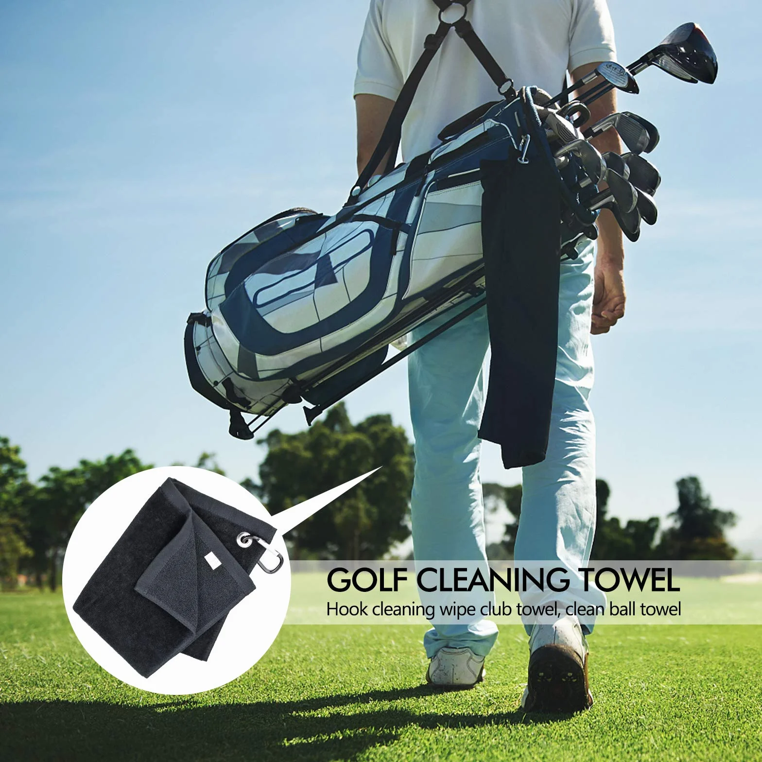Asciugamano da golf di alta qualità in microfibra per borsa da golf con moschettone per appendere sulla borsa da golf club, yoga, campeggio, palestra, 40,6 x 33 cm