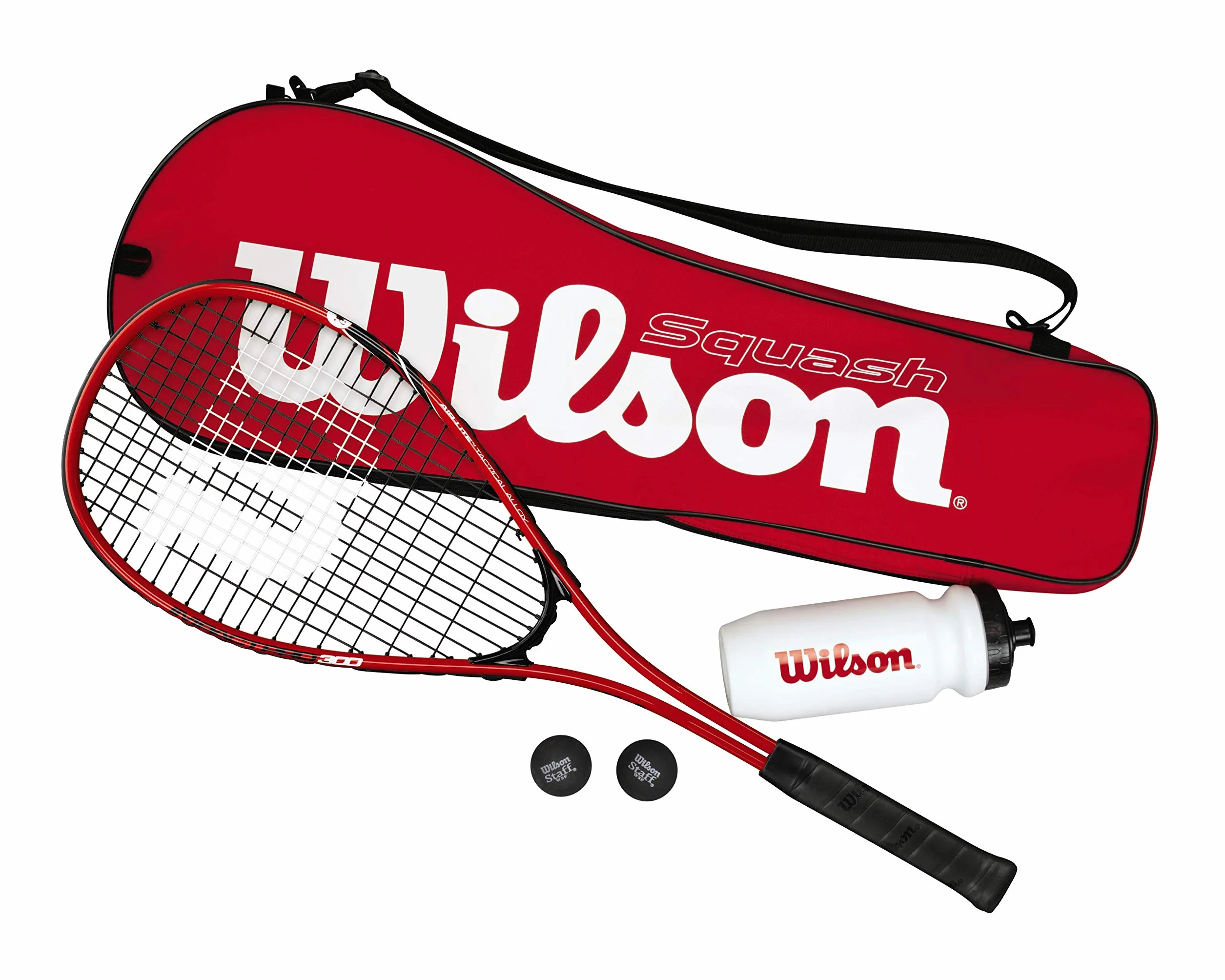 Wilson Starter Squash Kit Set Racchetta Impact Pro 300 2 Palline Borraccia Borsa Rosso Nero