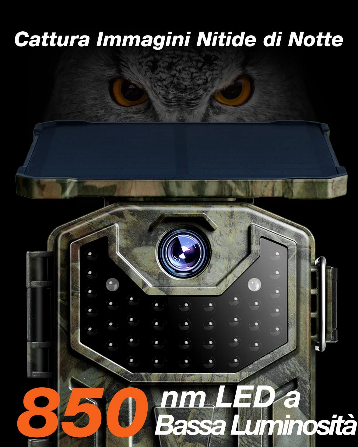 iZEEKER Fototrappola Solare 4K 30fps 48MP Infrarossi LED 850nm Impermeabile IP66 Batteria 2600mAh