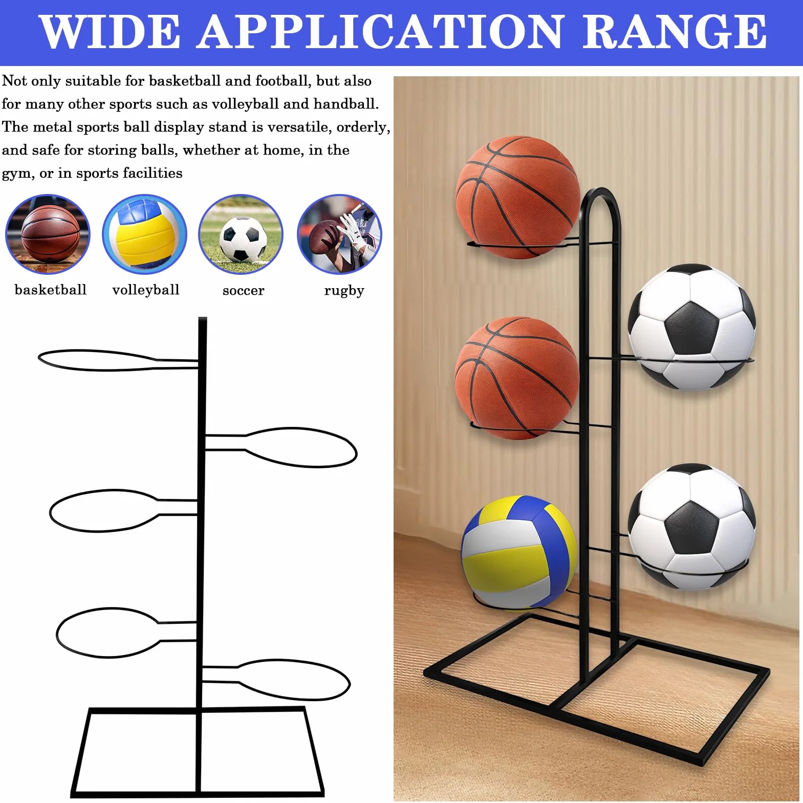 Set di 5 Supporti per Palloni Rimovibili in Metallo - Stoccaggio Verticale Stabile per Basket, Calcio, Pallavolo (Nero)