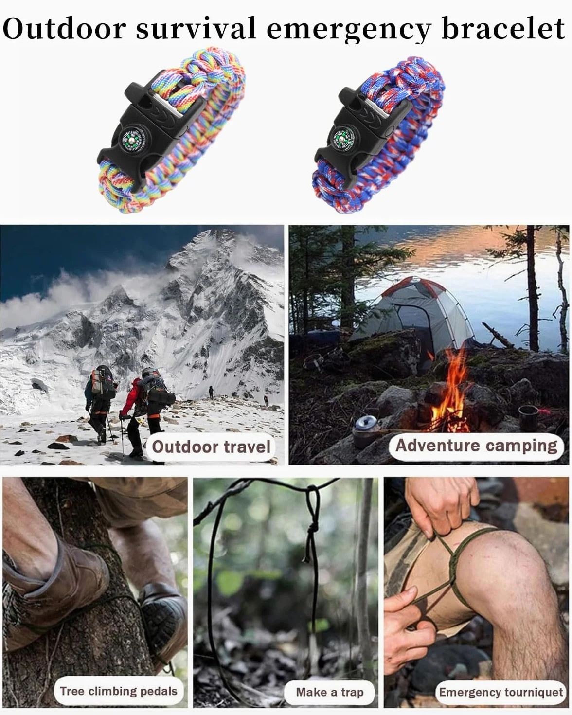 Bracciale in corda di paracadute intrecciata 2 pezzi sopravvivenza all'aperto multiuso fischietto bussola