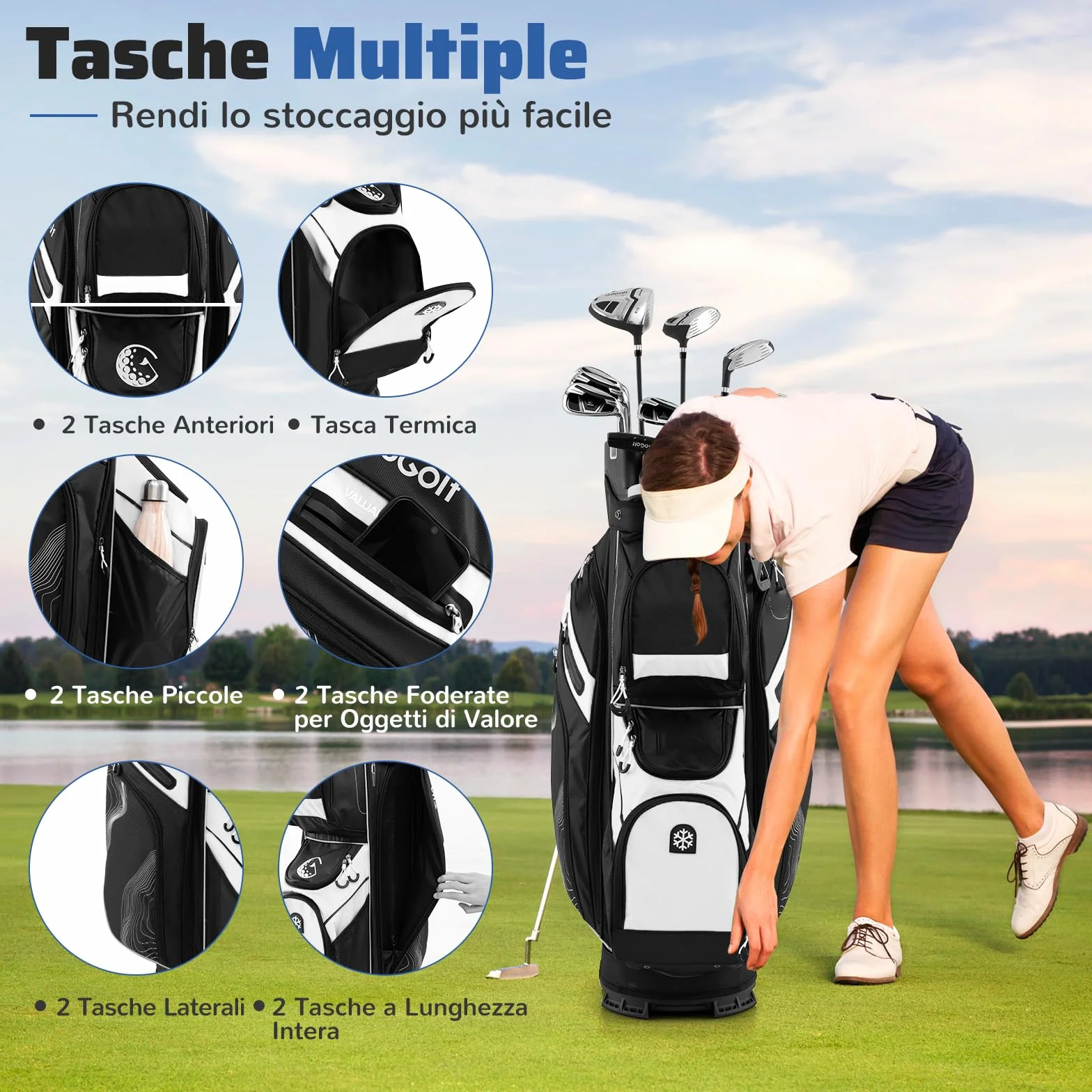 COSTWAY Borsa Carrello da Golf, Sacca da Golf con Serratura e Divisori a 14 Vie, 11 Tasche, Sacca Isolante, Tracolla Imbottita, Maniglie, Porta Ombrello e Cappuccio Antipioggia
