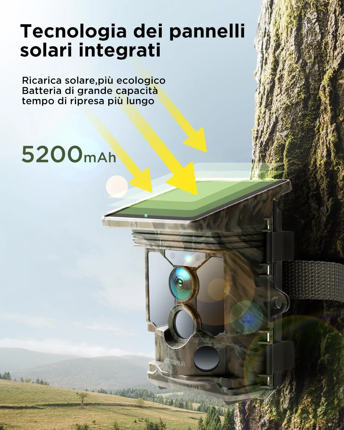 CEYOMUR Fototrappola Solare 68MP 4K 30fps WiFi Bluetooth 5200mAh 120° HD Visione Notturna IP66
