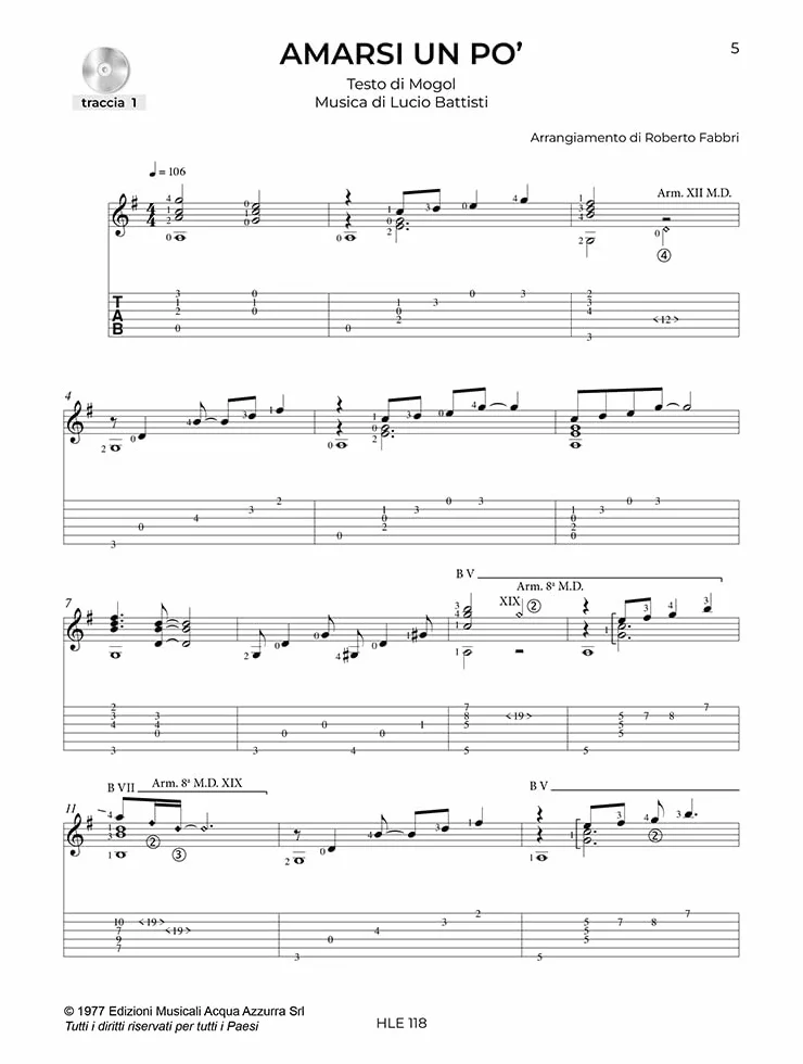 Lucio Battisti - 14 successi per chitarra solo | Songbook con tablature per livello intermedio | Arrangiamenti di Roberto Fabbri con audio online e spartiti scaricabili per studio e performance