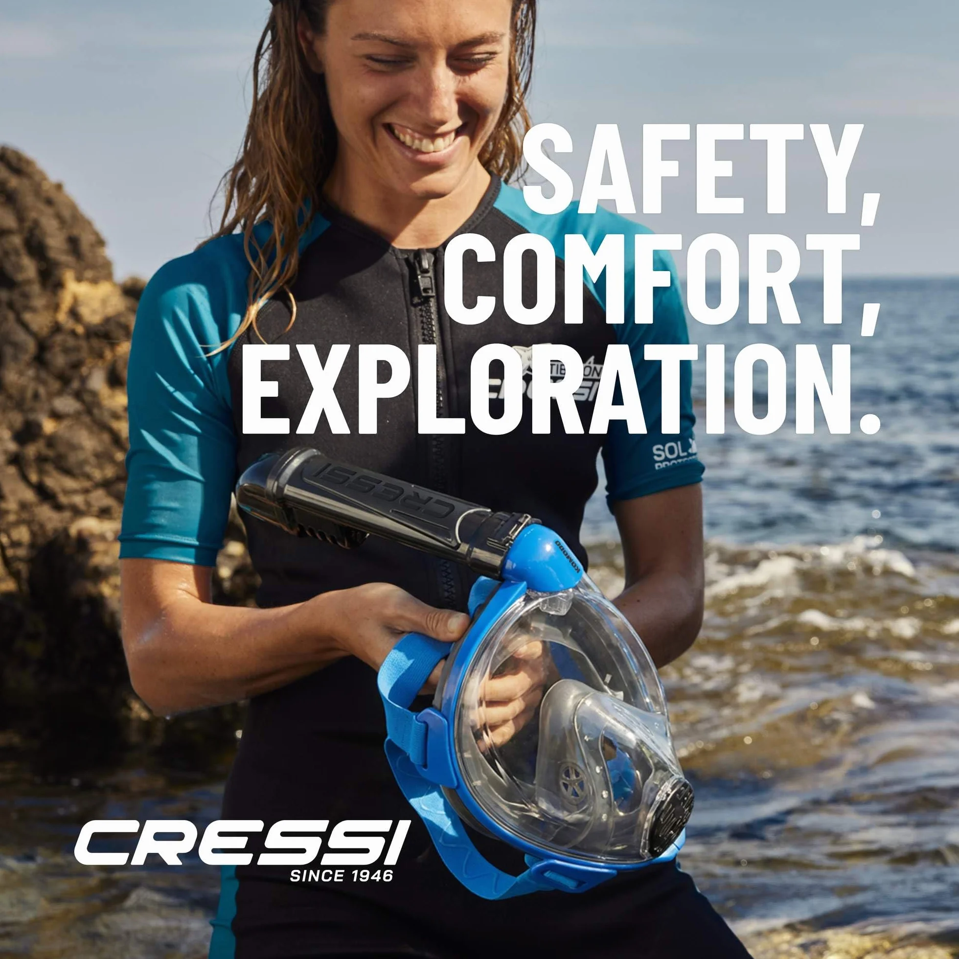 CRESSI dal 1946-Komodo Full Face Maschera Integrale Dry da Snorkeling Visione a 180°-CO2 Sicuro-Silicone 100% Anti Appannamento-Snorkel Laterale-Cinghie Elastiche Regolabili