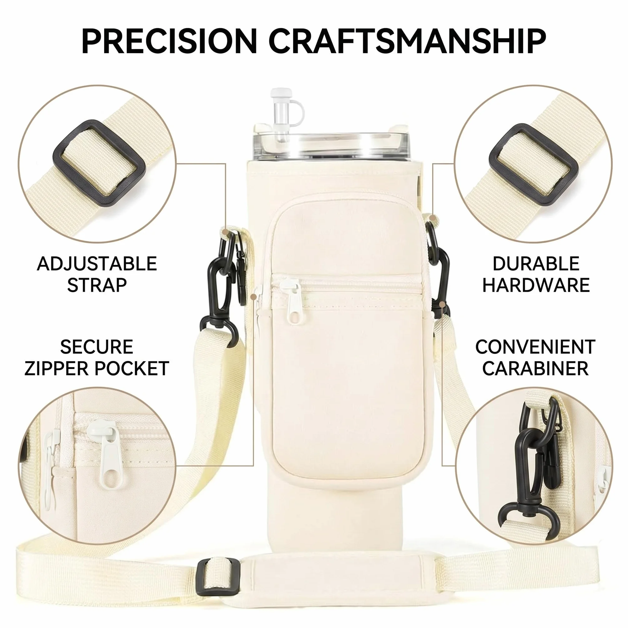 Borsa per Stanley Cup in Neoprene Isolante con Tasca per Telefono e Tracolla Regolabile 42-140 cm Crema
