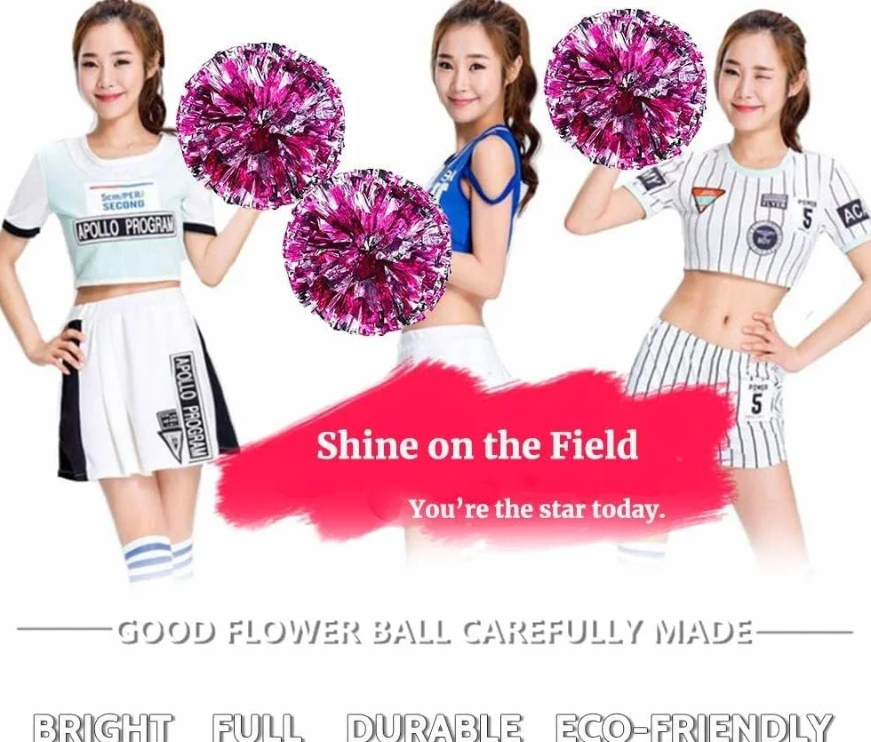 Pom Poms Cheerleader con Manico Metallico 2 Pezzi per Sport, Festa (Rosa Rossa, Argento)