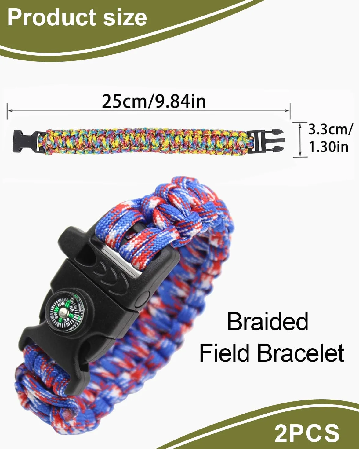 Bracciale in corda di paracadute intrecciata 2 pezzi sopravvivenza all'aperto multiuso fischietto bussola