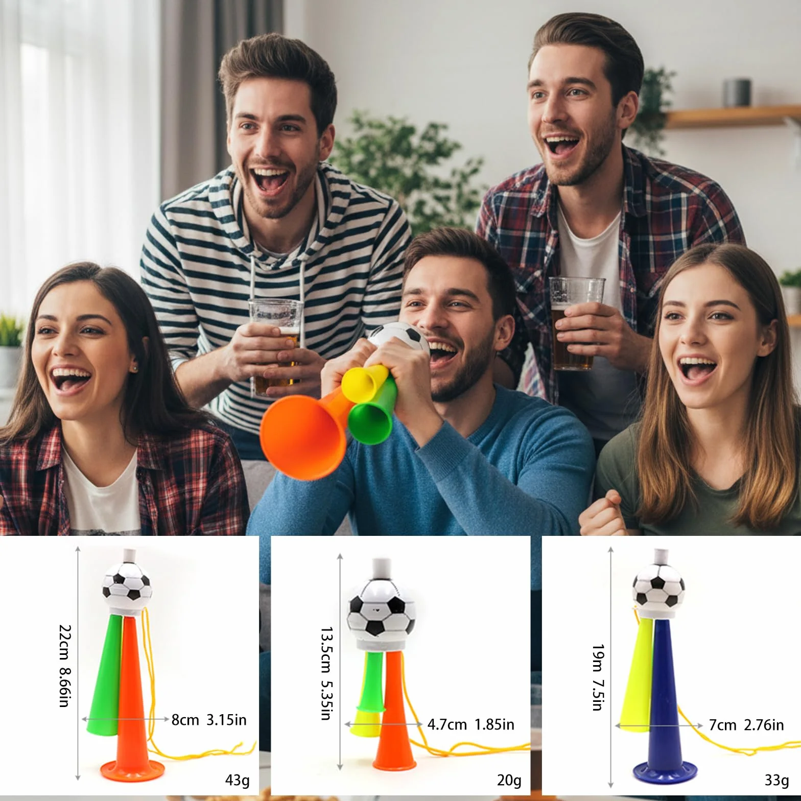 OHAANYY Set di 3 Vuvuzela Professionali per Tifosi, 3 Misure (S/M/L) con Corda, Plastica, per Adulti