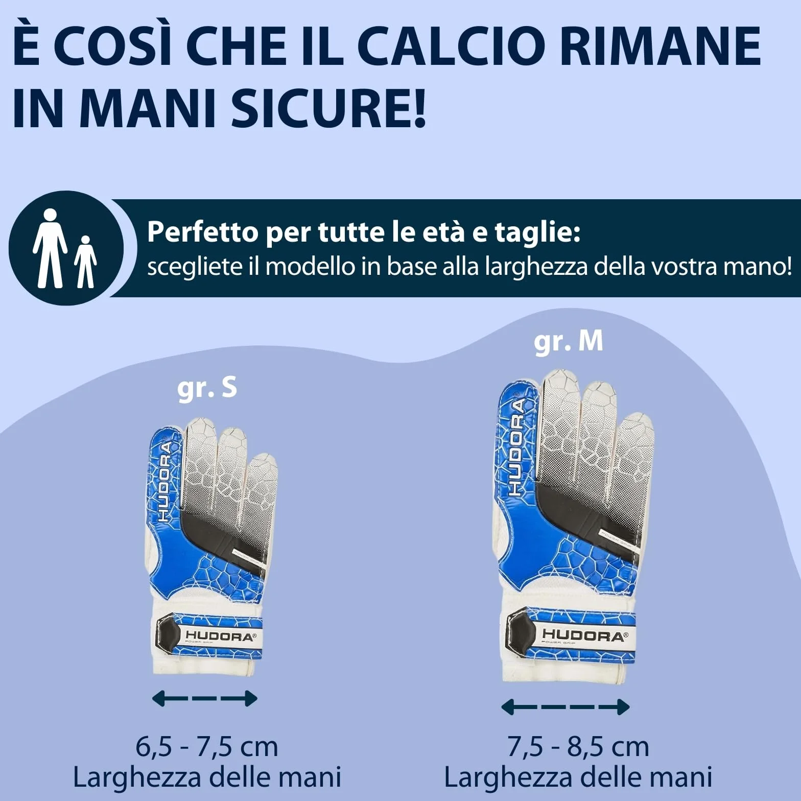 Hudora Guanti da Portiere Imbottiti per Bambini e Adulti, Misura S/M, Dorso in Gommapiuma, Chiusura con Velcro - Calcio, Blu