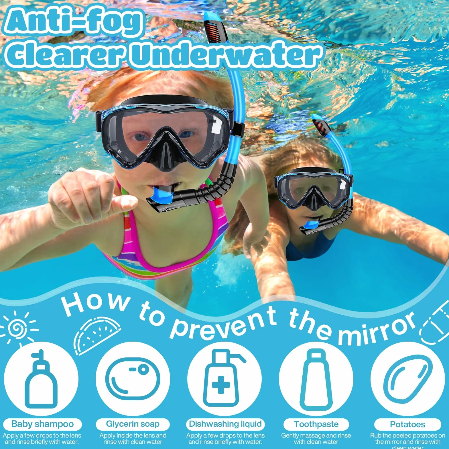 Set da snorkeling per bambini, maschera da immersione panoramica, in vetro temperato, per bambini
