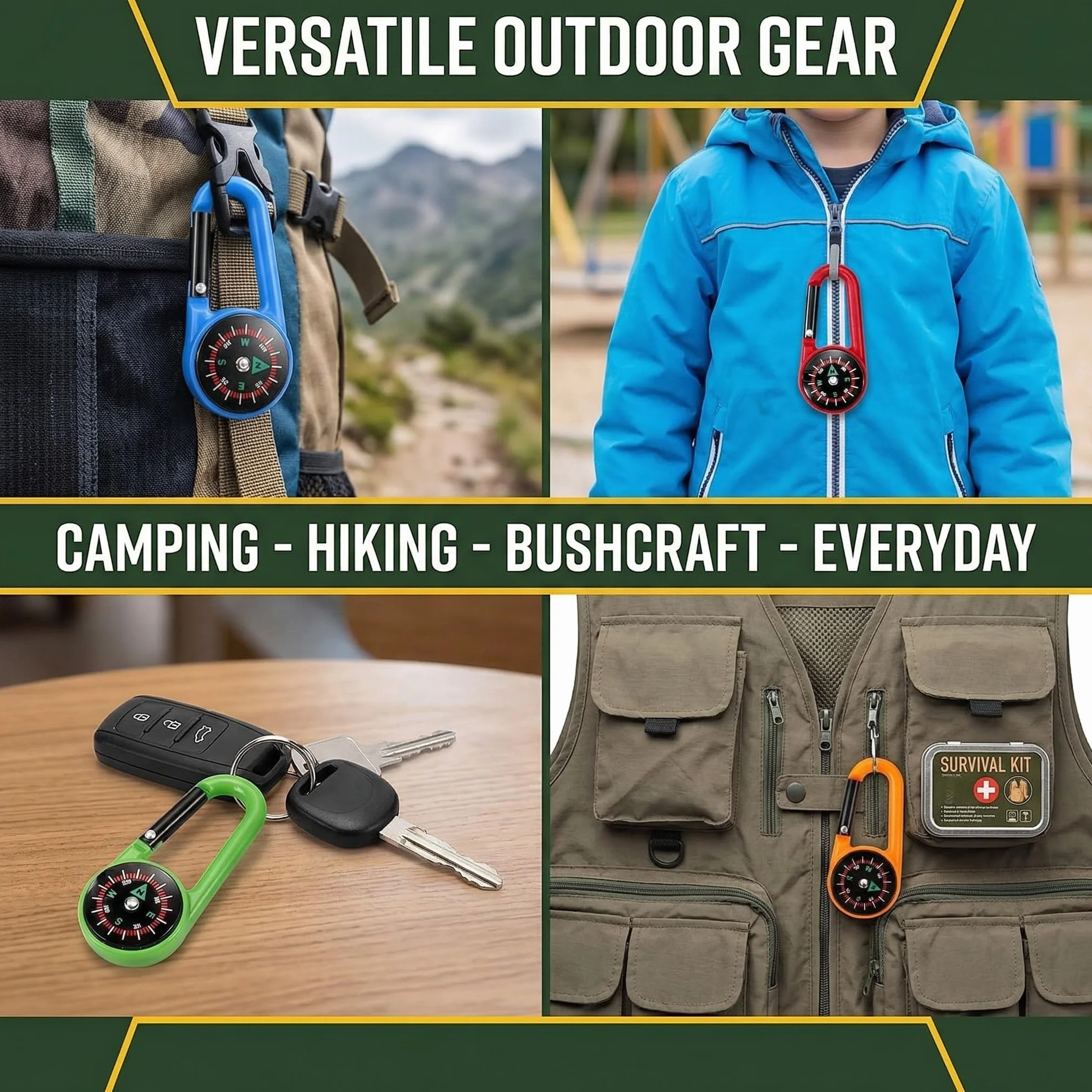 Bussola Portachiavi per Bambini, Mini Bussola con Moschettone, Campeggio, Outdoor (5 Colori)
