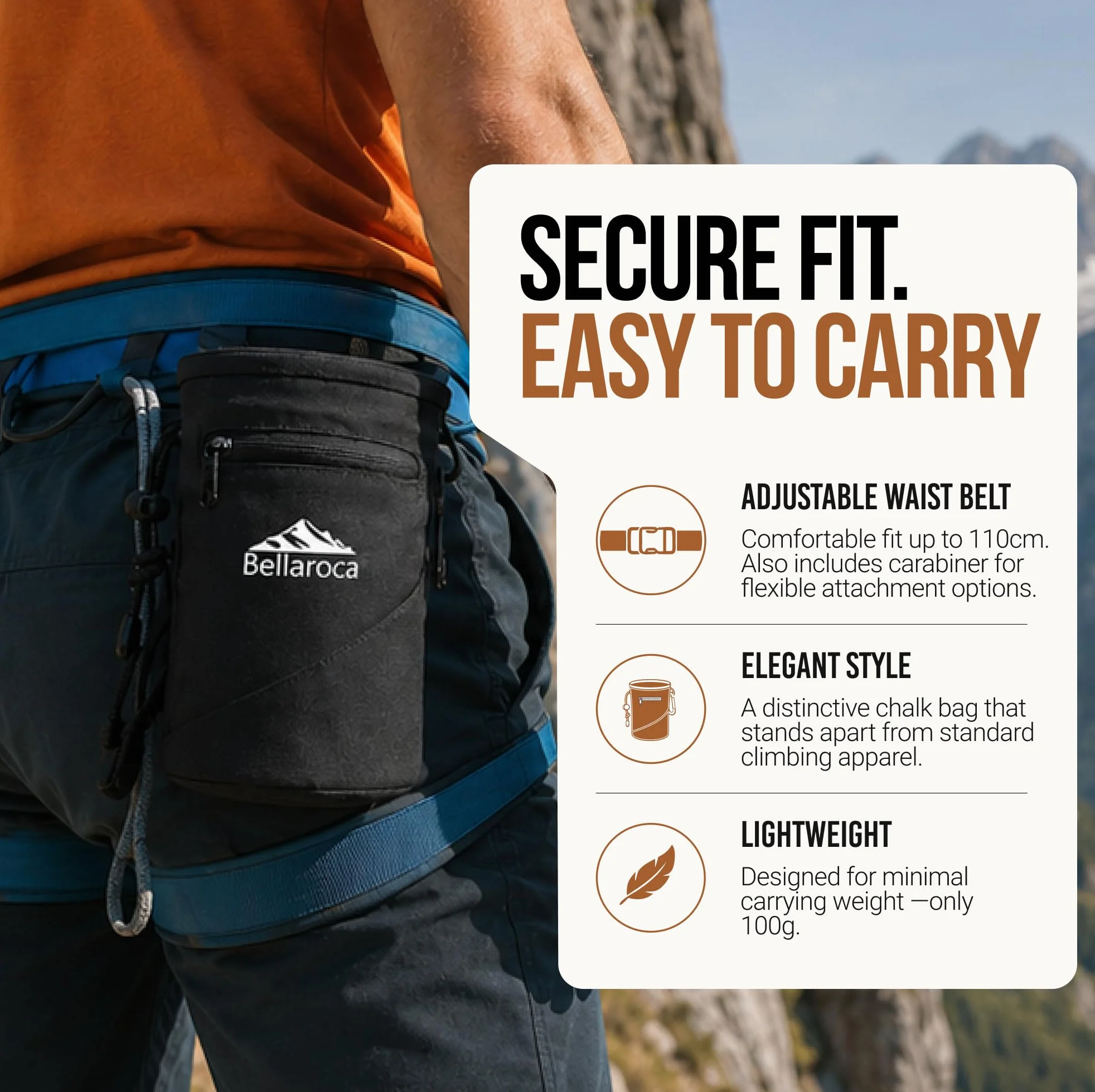 BELLAROCA® Borsa per Magnesite da Arrampicata Impermeabile Resistente all'Abrasione con 2 Tasche e Moschettone