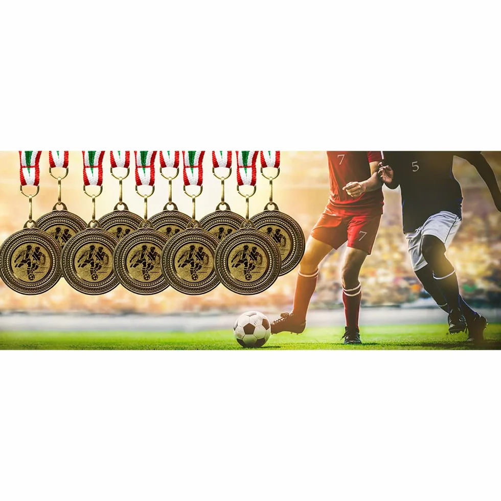 Set 10 medaglie da Calcio in Metallo Dorato con Nastro Blu-Bianco-Rosso per Bambini e Tornei