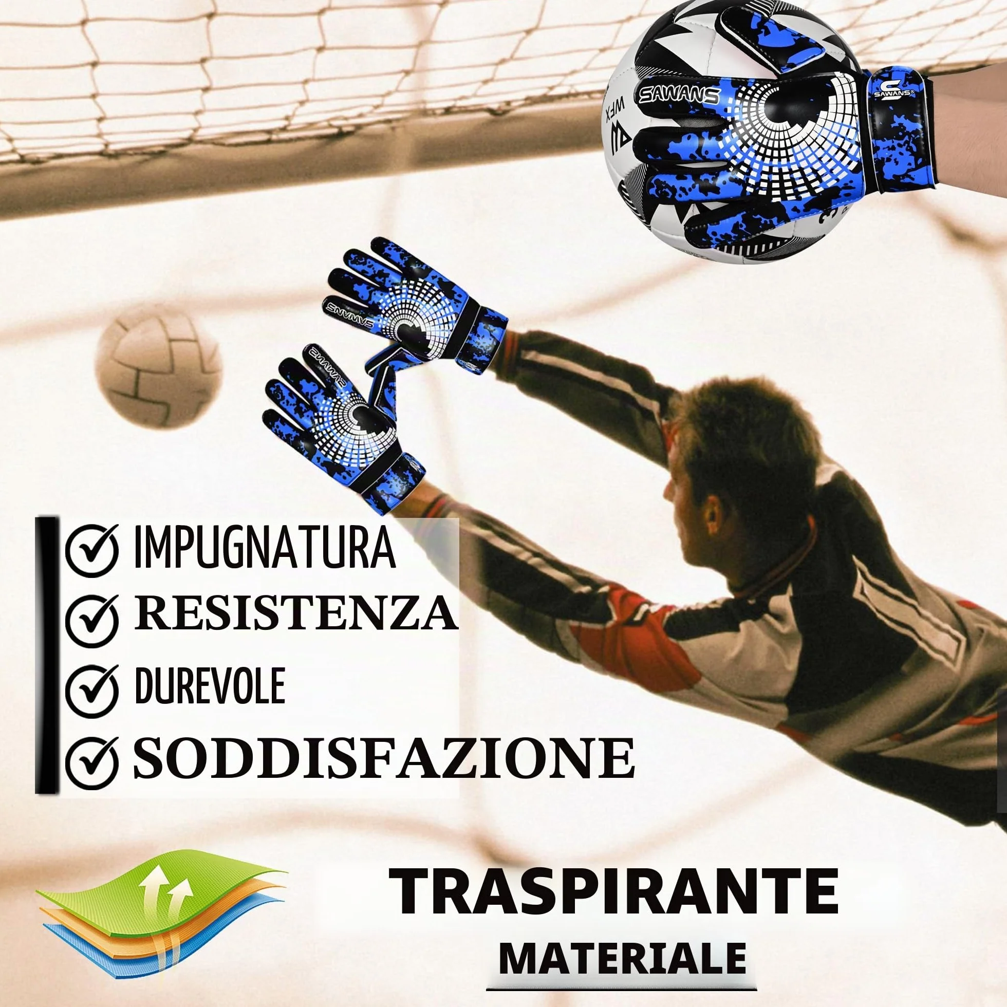 SAWANS Guanti da portiere da calcio con presa forte, palmo con supporto per il polso, antiscivolo