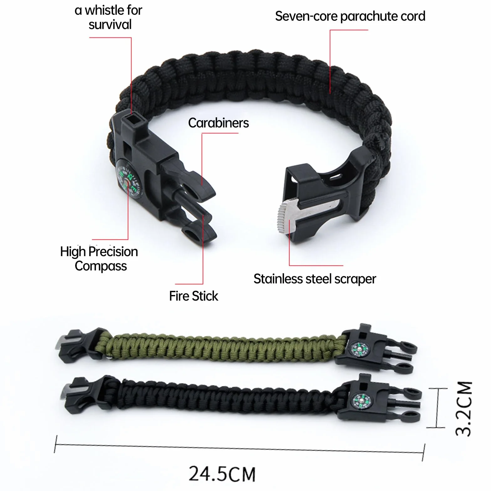 Braccialetto Paracord Sopravvivenza 6 Pezzi per Escursionismo Campeggio Emergenza Caccia Pesca 3 Colori