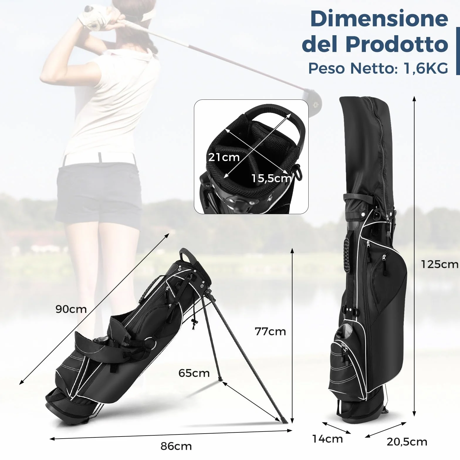COSTWAY Sacca da Golf con Supporto, Borsa da Golf a 4 Scomparti con 4 Tasche con Cerniera, Borsa Frigo, Tracolla Doppia, Cappuccio Antipioggia, Supporto per Ombrellone