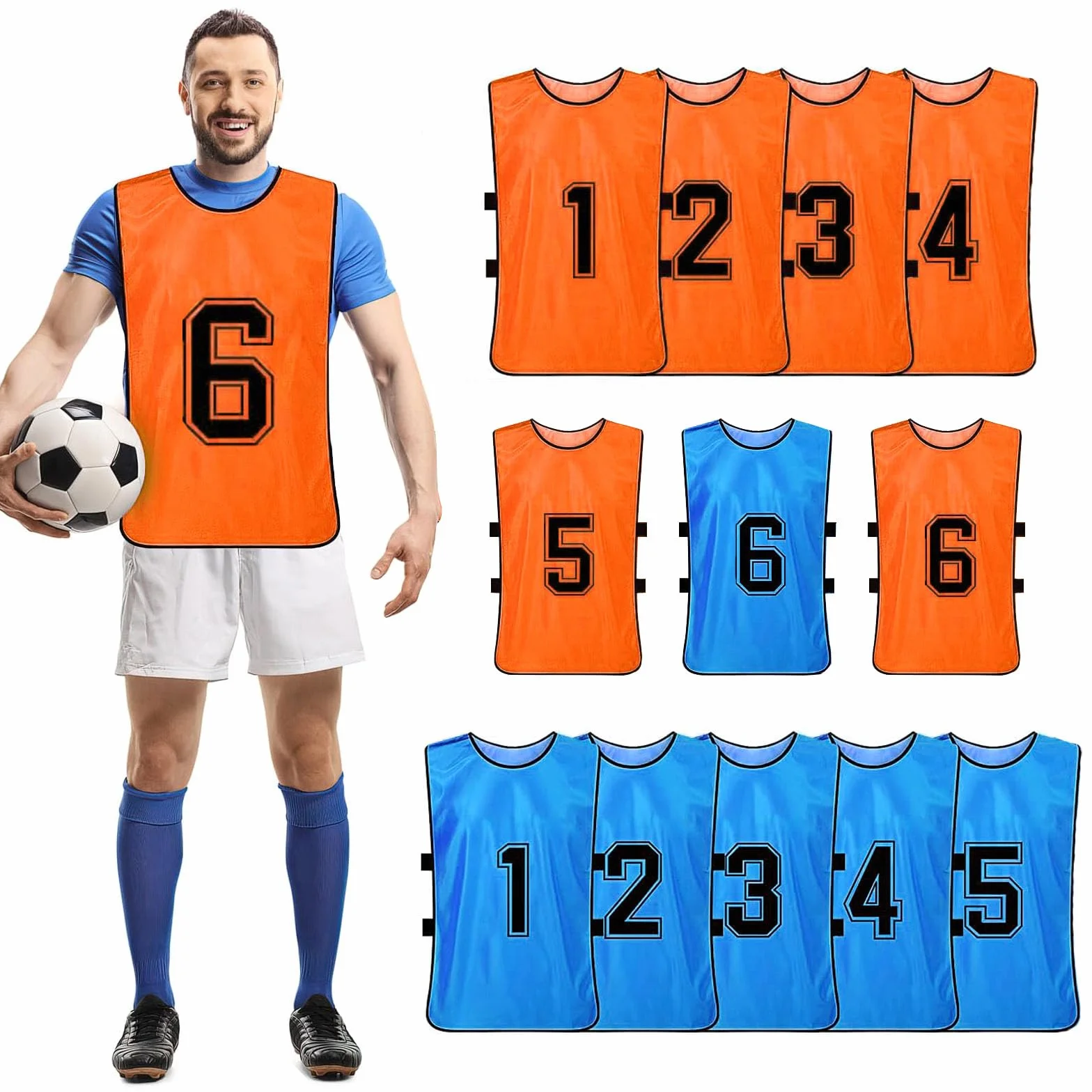 MSYU Gilet da calcio numerato 12 pezzi asciugatura rapida Blu scuro Arancione XL