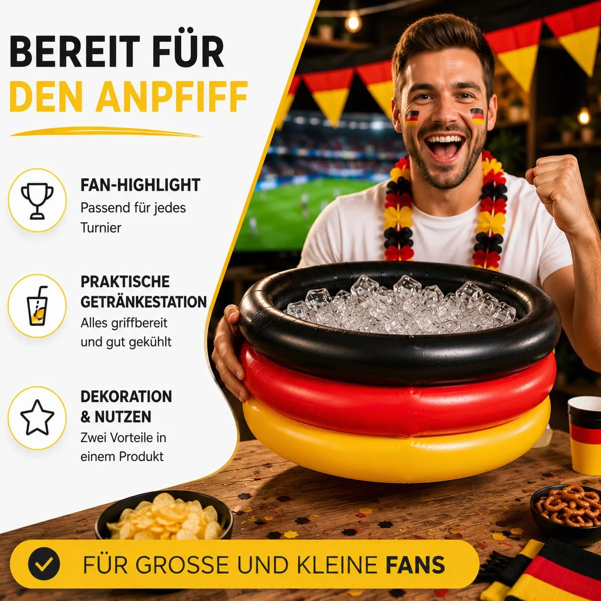 Dekotalent® - Raffreddatore per bevande, gonfiabile, XXL, 60 cm, per bevande, articolo per tifosi, decorazione da tavolo per i mondiali di calcio, EM 2024 (refrigeratore per bevande in Germania)