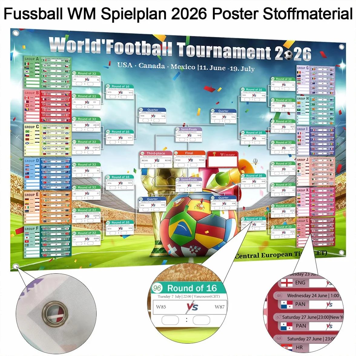 Poster Calendario Partite Coppa del Mondo 2026 150x100cm con Adesivi Correttivi e Cordino, Calendario Gioco 48 Squadre, Decorazione Salotto Bar Festa