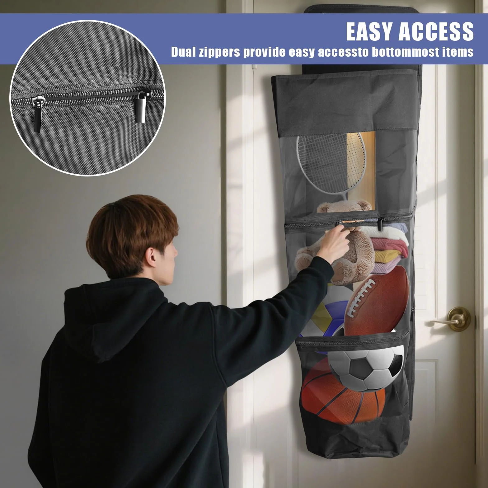 Organizer da appendere sopra la porta, borsa sportiva sospesa con ganci in metallo, supporto per palla, riporre pallacanestro, calcio, pallavolo, tennis, nero