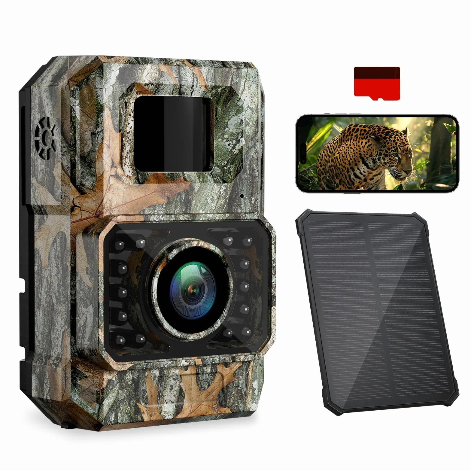 Coolifepro Fototrappola con Pannello Solare 60MP 30FPS WIFI Bluetooth App Batteria Litio 2000mAh Angolo Rilevamento 100° Scheda SD 32GB
