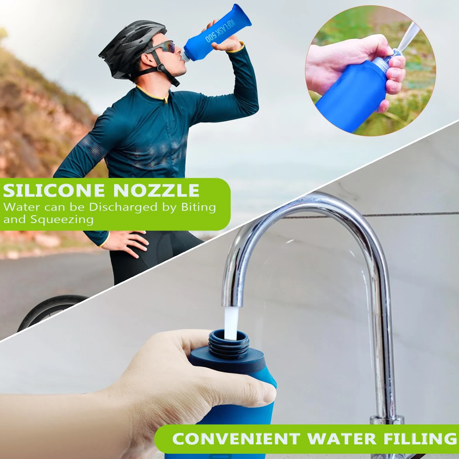 Borraccia Morbida 500 ml Soft Flask TPU Pieghevole Senza BPA per Running Escursionismo Campeggio (Blu)