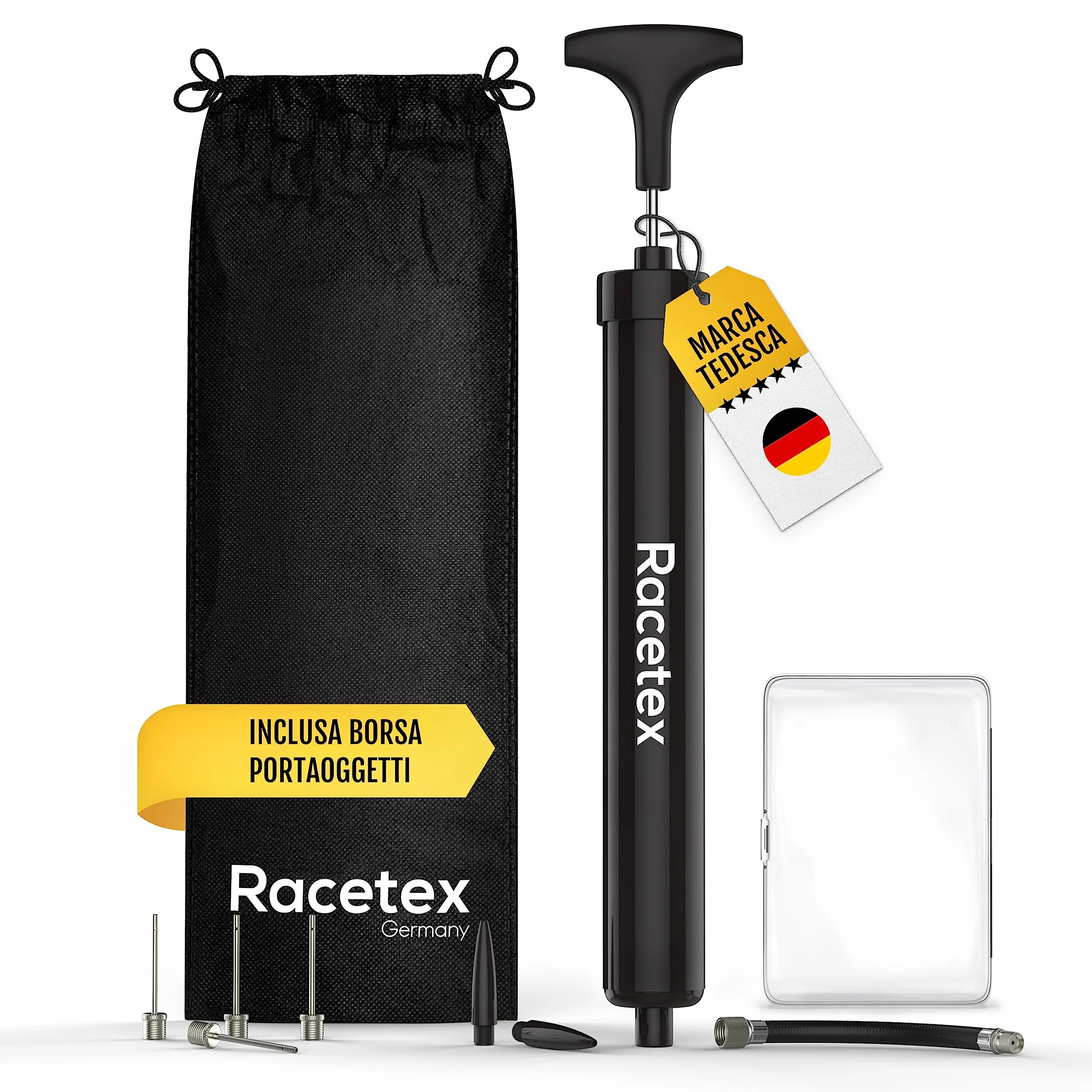 Racetex Set di Pompa per palloni con Borsa portaoggetti - Gonfia palloni Sportivi