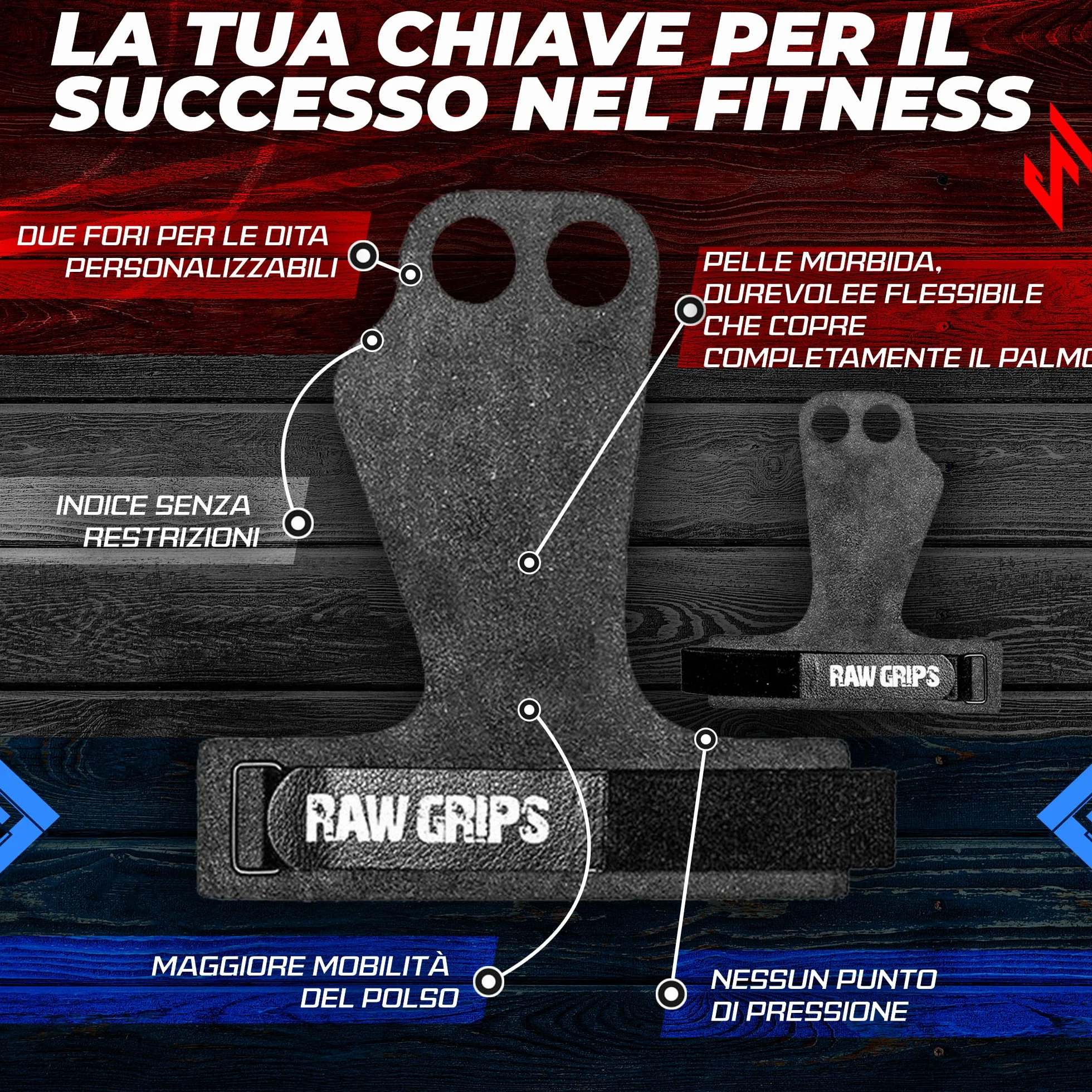 JerkFit Raw Grips 2 Dita in Pelle Ginnastica Protezione Palma