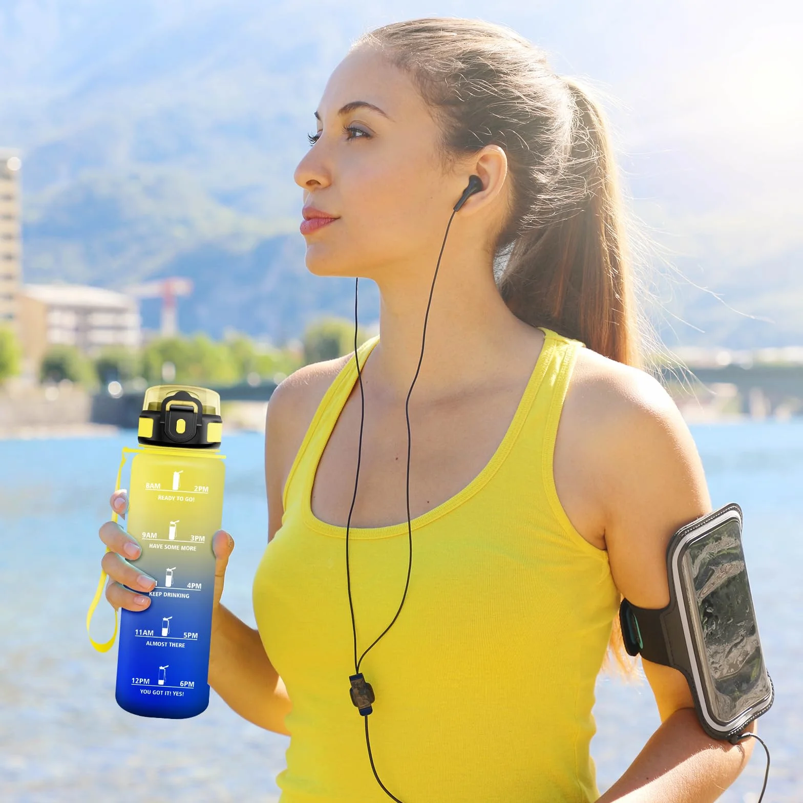 Borraccia Sportiva 1L con Cannuccia a Prova di Perdite, Bottiglia Acqua con Indicatore del Tempo per Scuola Ufficio Palestra