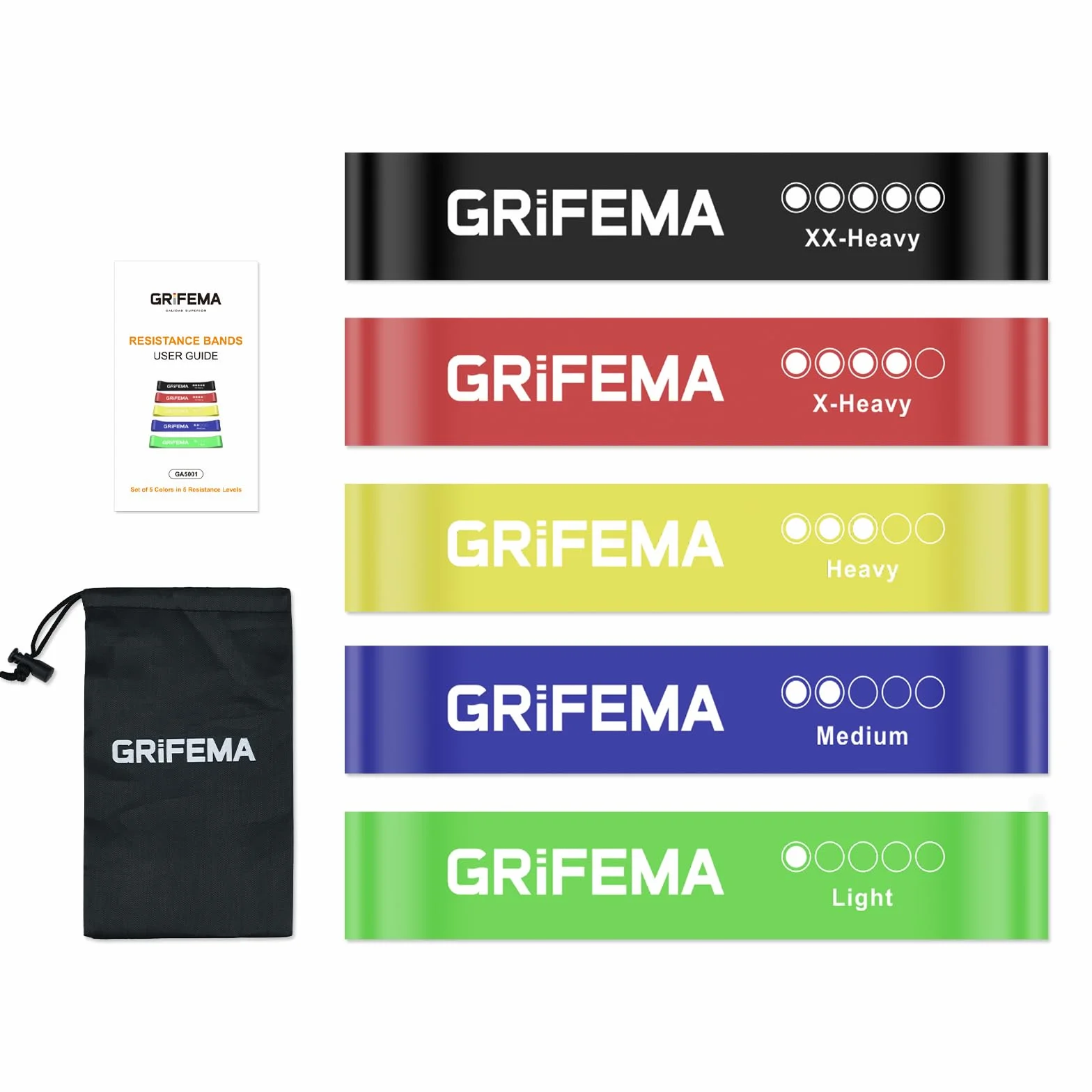 GRIFEMA GA5001 Elastici per Bodybuilding, 5 Livelli di Resistenza, per Yoga, Pilates e Allenamento di Forza