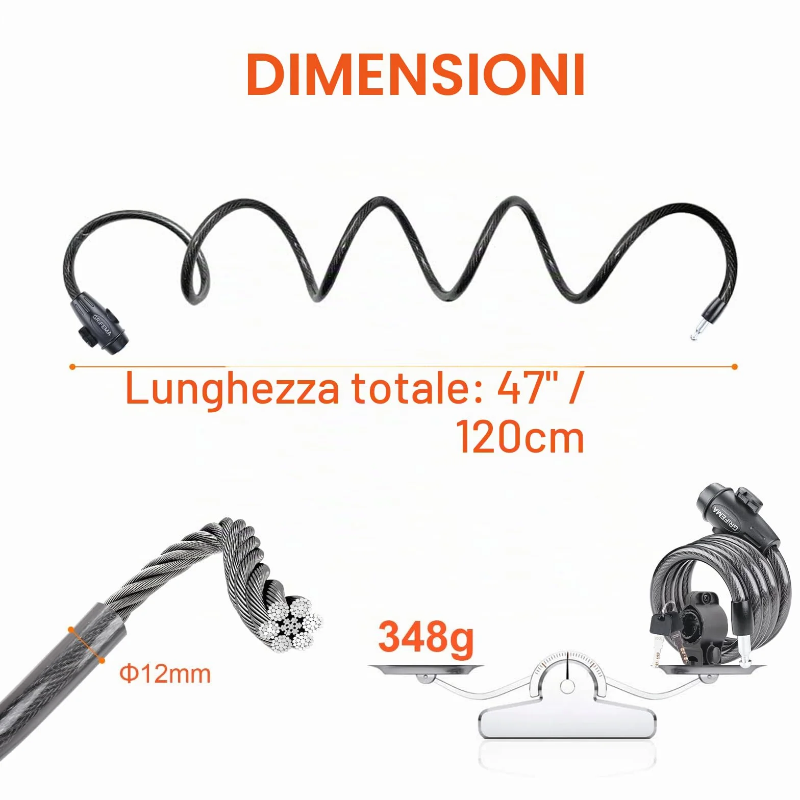GRIFEMA GA1204-12 Lucchetto per bicicletta con 2 chiavi, nero