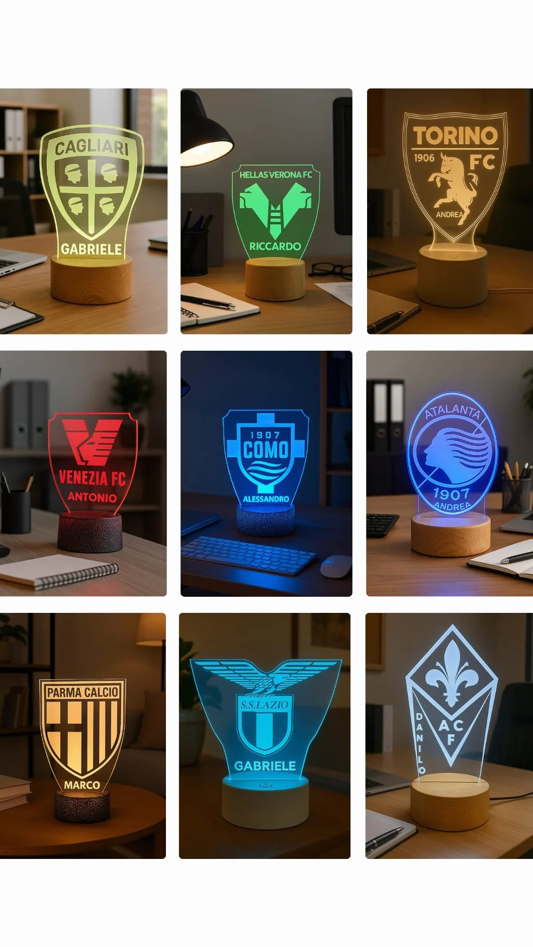 Lampada LED da Calcio Personalizzata con Nome e Stemma 7 Colori USB/Batterie Regalo per Tifosi