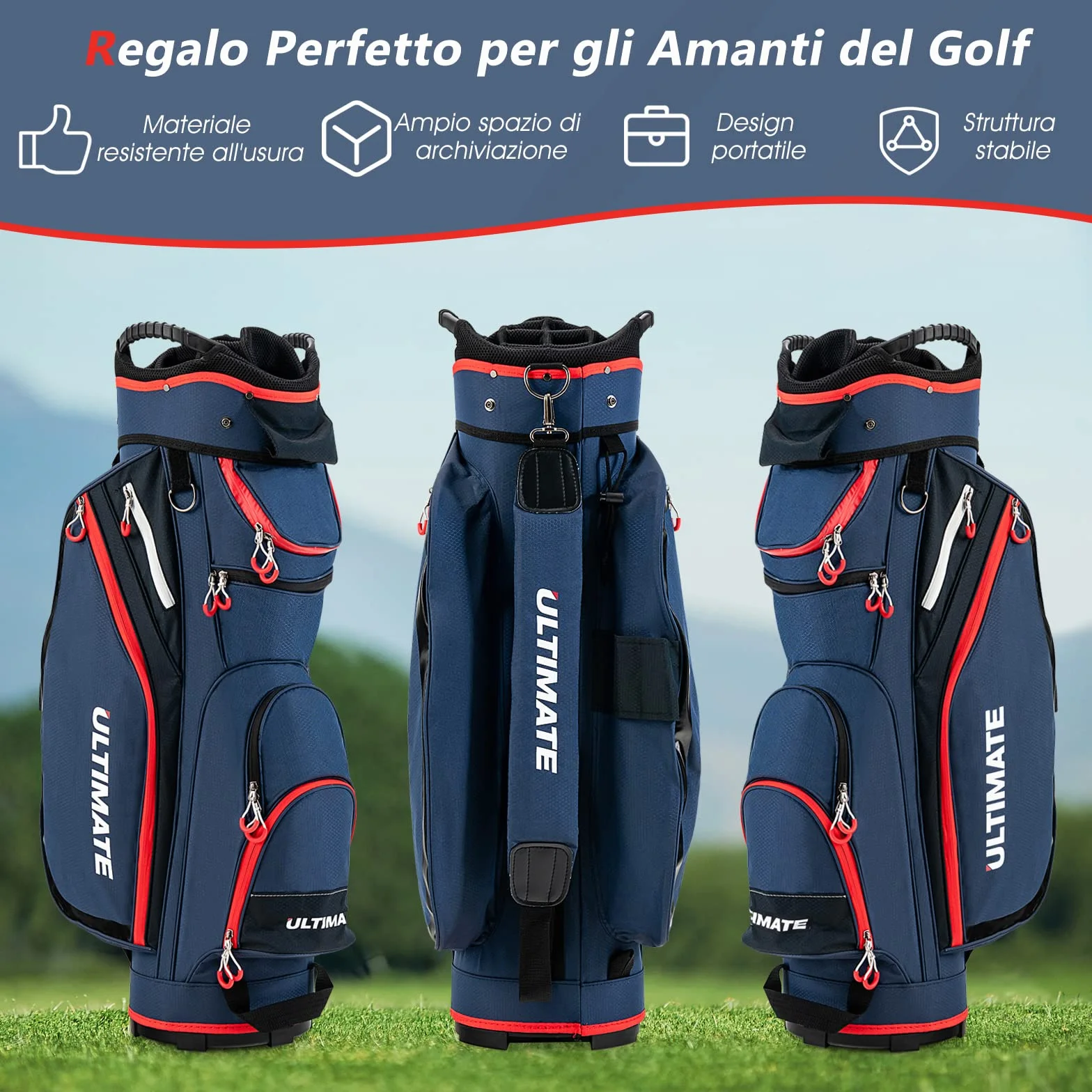 COSTWAY Borsa da Golf Leggera e di Grande Capacità, Sacca da Golf con 14 Divisori, 8 Tasche, Cappuccio Antipioggia, Tracolla, Borsa Termica per Bevande, Ideale per Uomini e Donne (Blu)