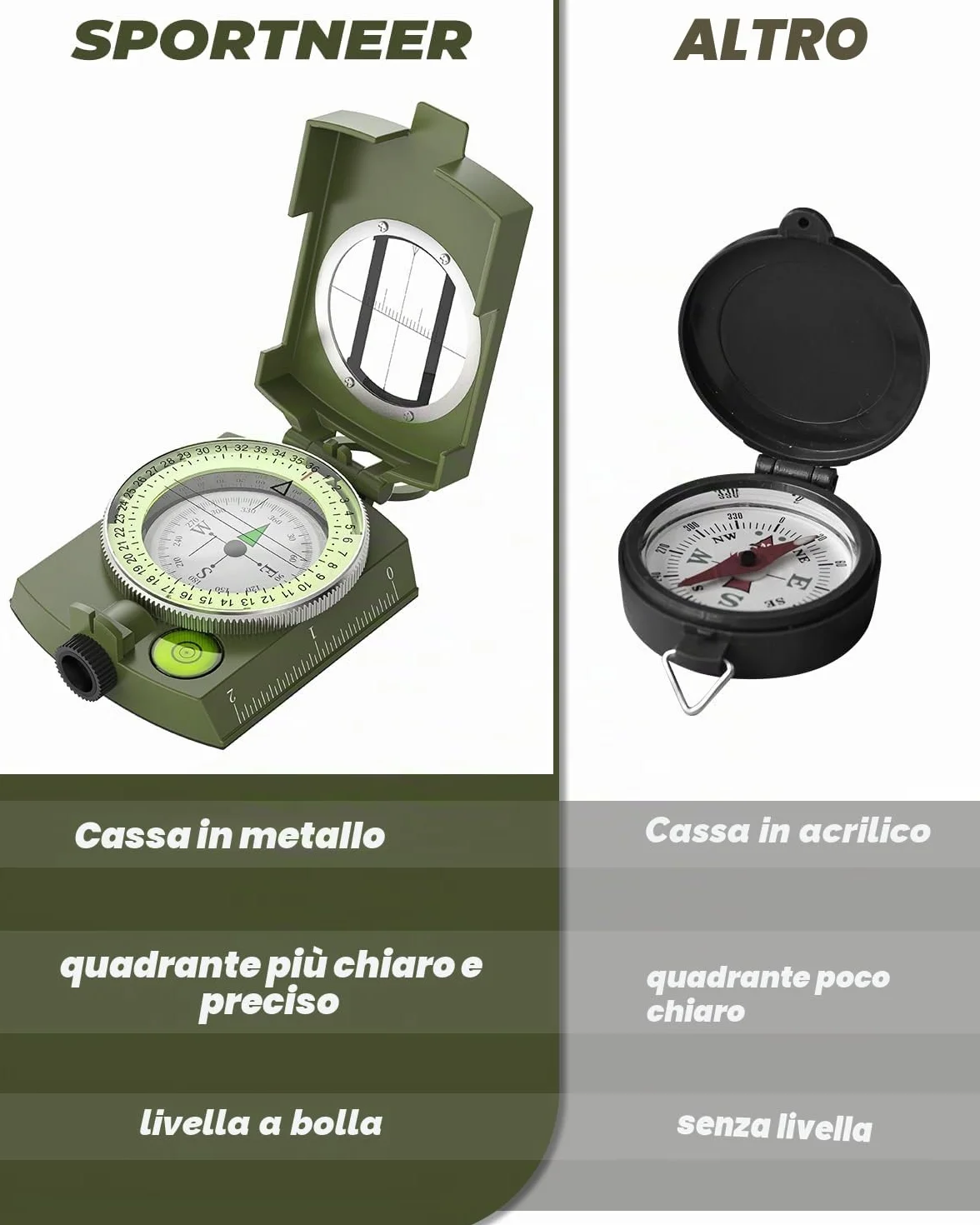 Sportneer Bussola militare professionale tascabile impermeabile per caccia escursioni campeggio