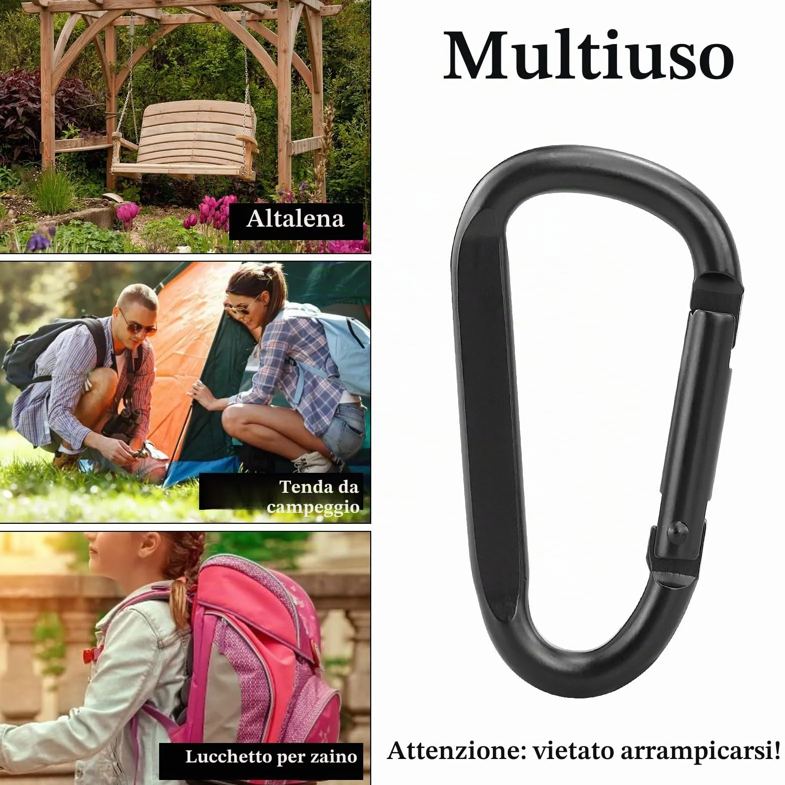 Moschettone in Alluminio a Vite da 6,7 cm - Set Gancio a D con Anello Portachiavi - Nero