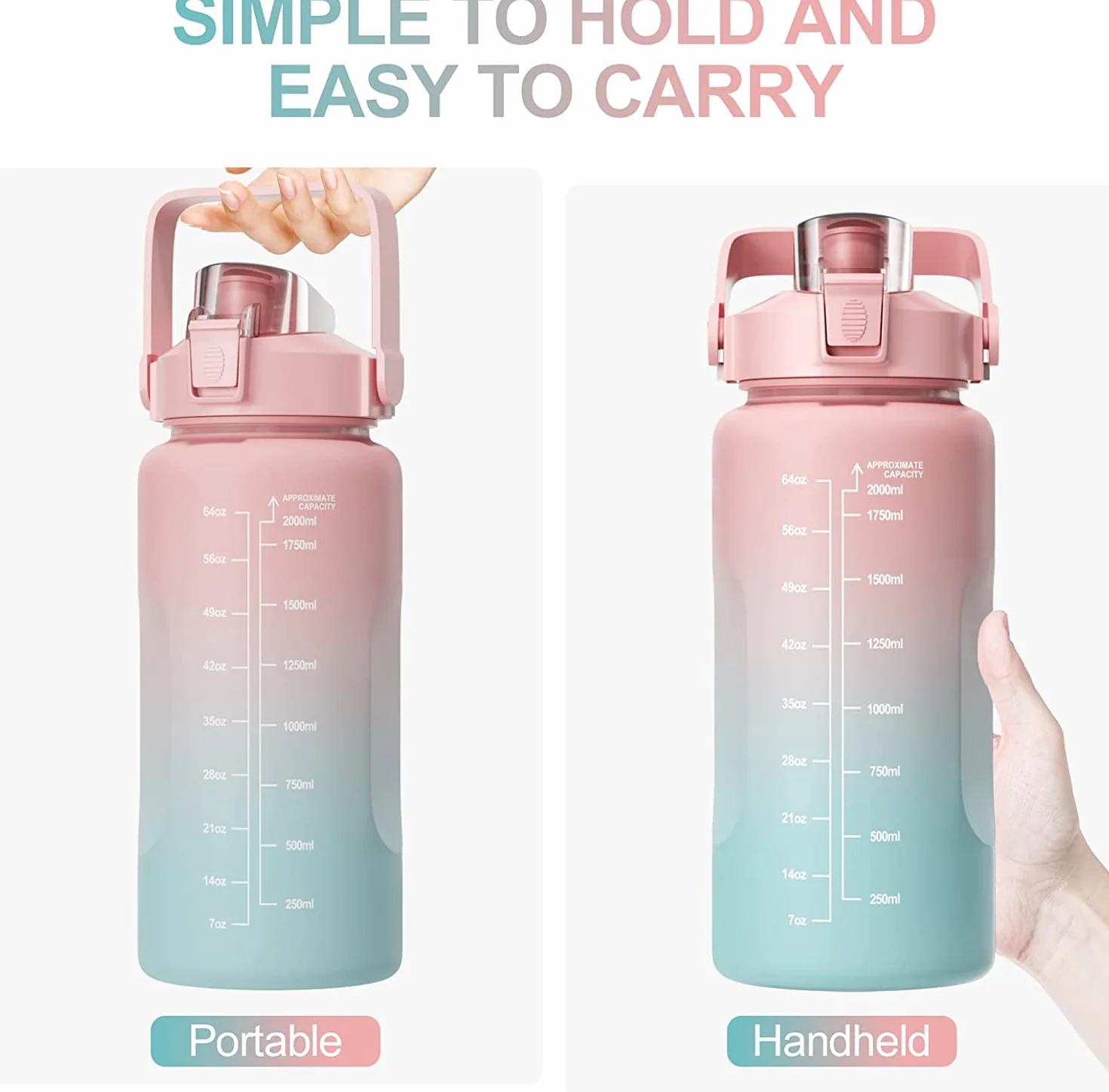 Borraccia con Cannuccia 2 Litro Sportiva Senza BPA, Indicazioni Graduate, Rosa
