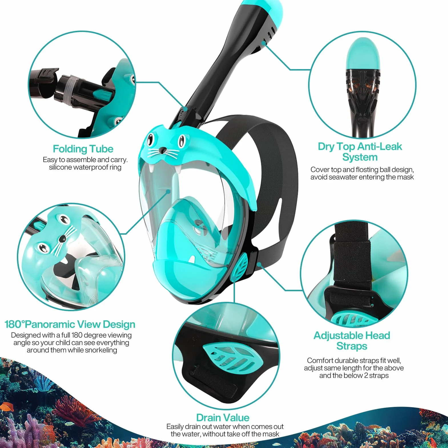 Maschera Subacquea Bambini 180° Snorkeling Pieno Facciale Anti Appannamento