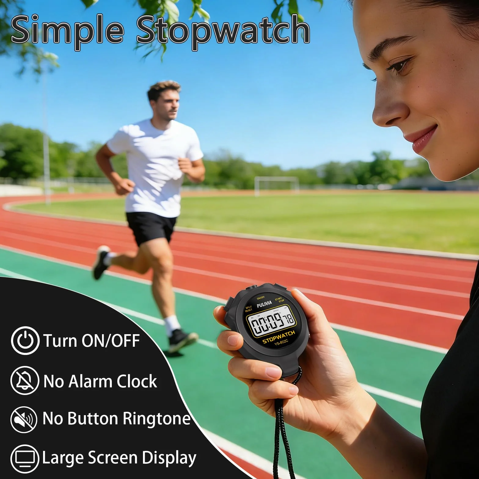 Cronometro Digitale PULIVIA Sportivo con Pulsante Silenzioso ON/OFF per Bambini, Allenatori, Corsa, Nero