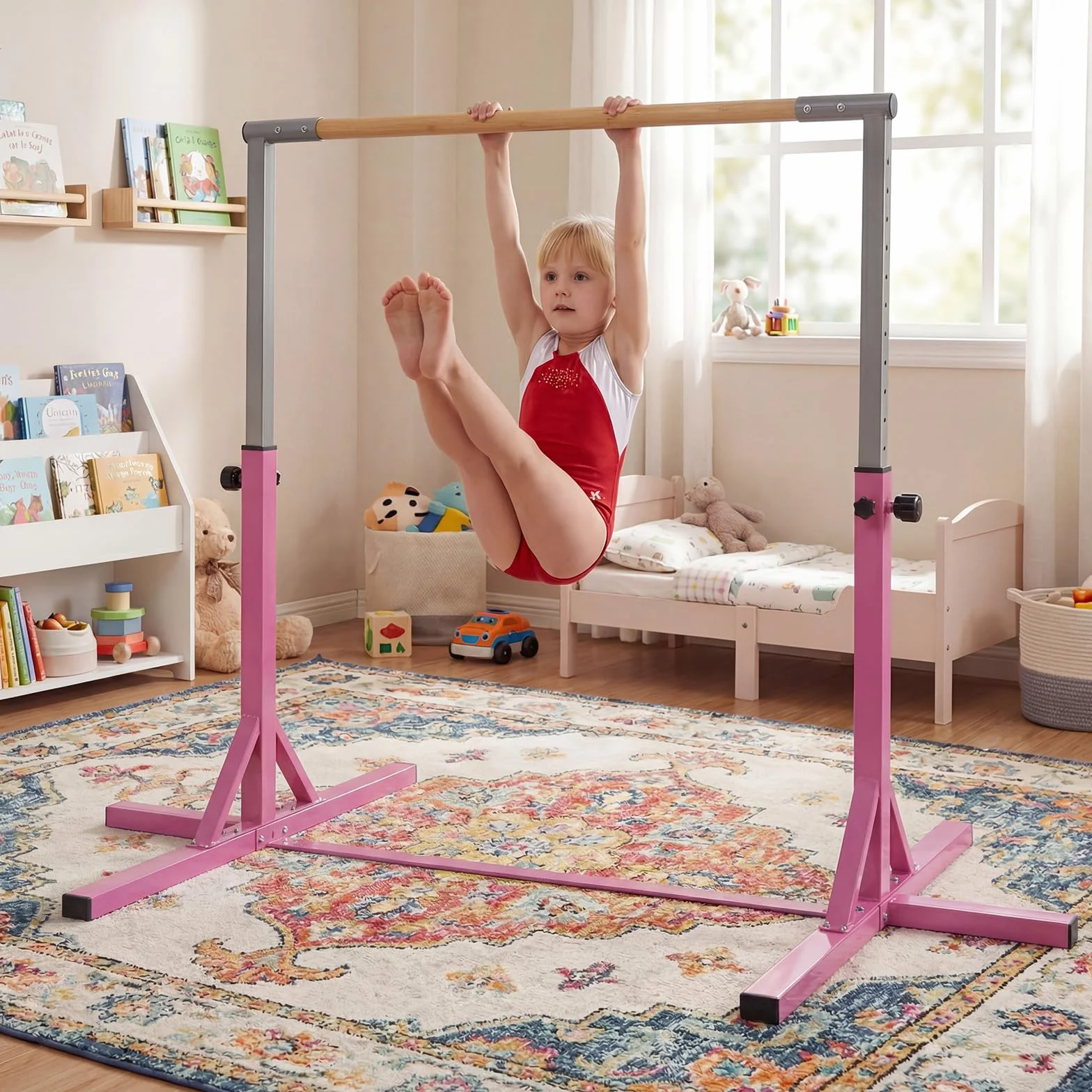 COSTWAY Sbarra per Ginnastica e Danza per Bambini, Barra in Metallo e Bambù Regolabile in Altezza 85-145 cm, Portatile con Cuscinetti Antiscivolo