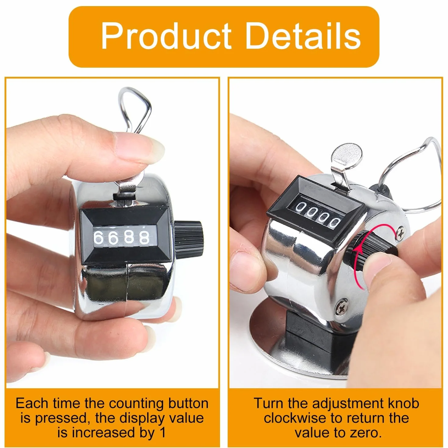 Contatori a Mano in Metallo clicker per conteggio, Contatore Clic Meccanico a 4 Cifre, con Anello Dito, per la Scuola Golf e Knit People Golf Circle e Knit, Silver