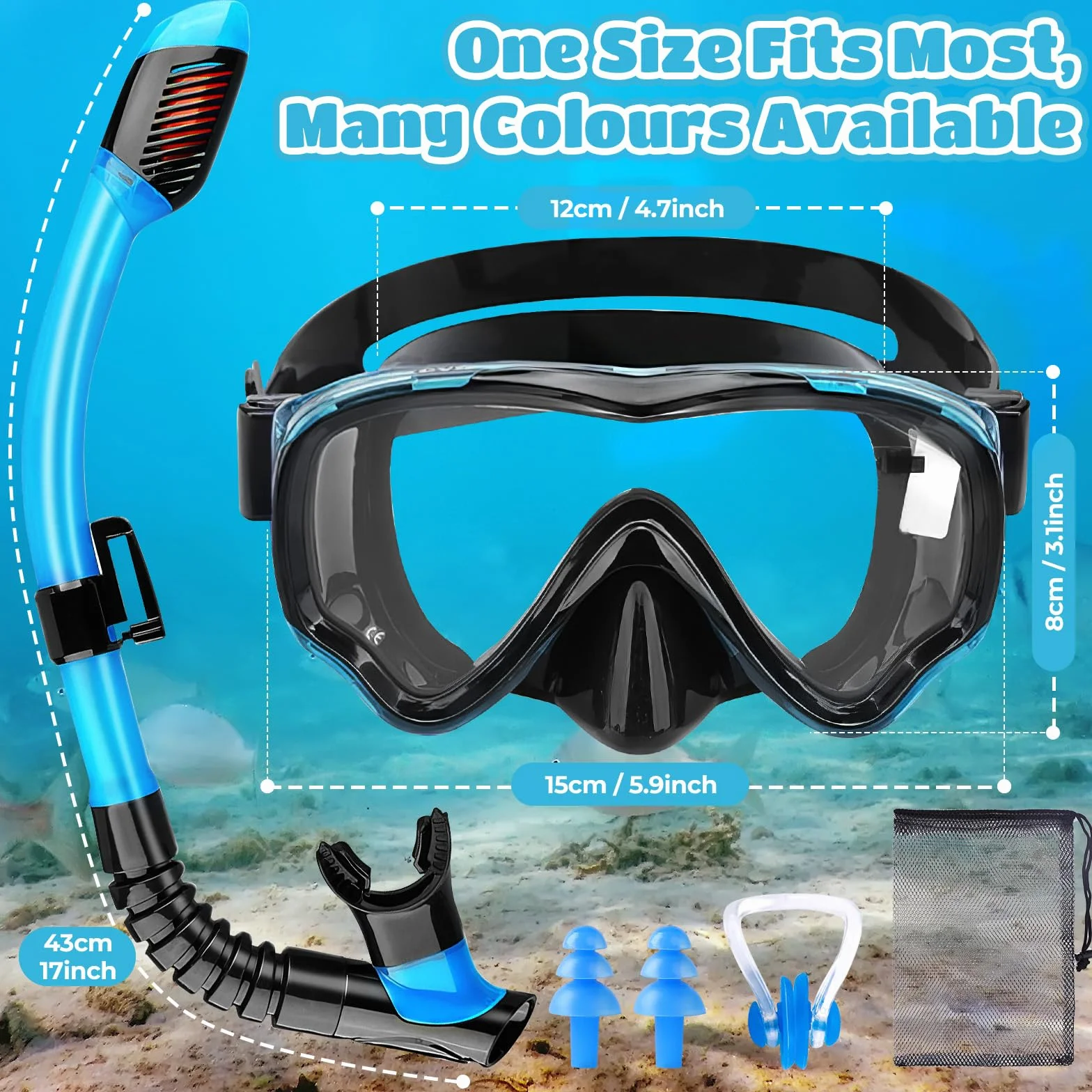 Set da snorkeling per bambini, maschera da immersione panoramica, in vetro temperato, per bambini
